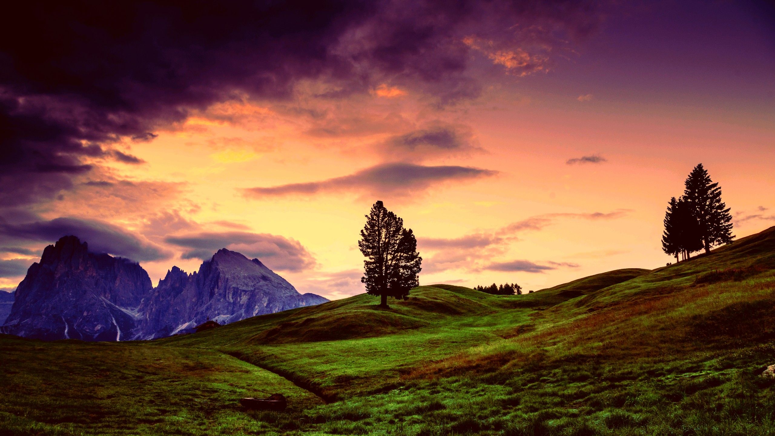 2560x1440 landscape, Mountains, Green, Grass, Hills, Trees, Sky, Clouds, Purple, Storm, Stone Wallpaper HD / Desktop and Mobile Background