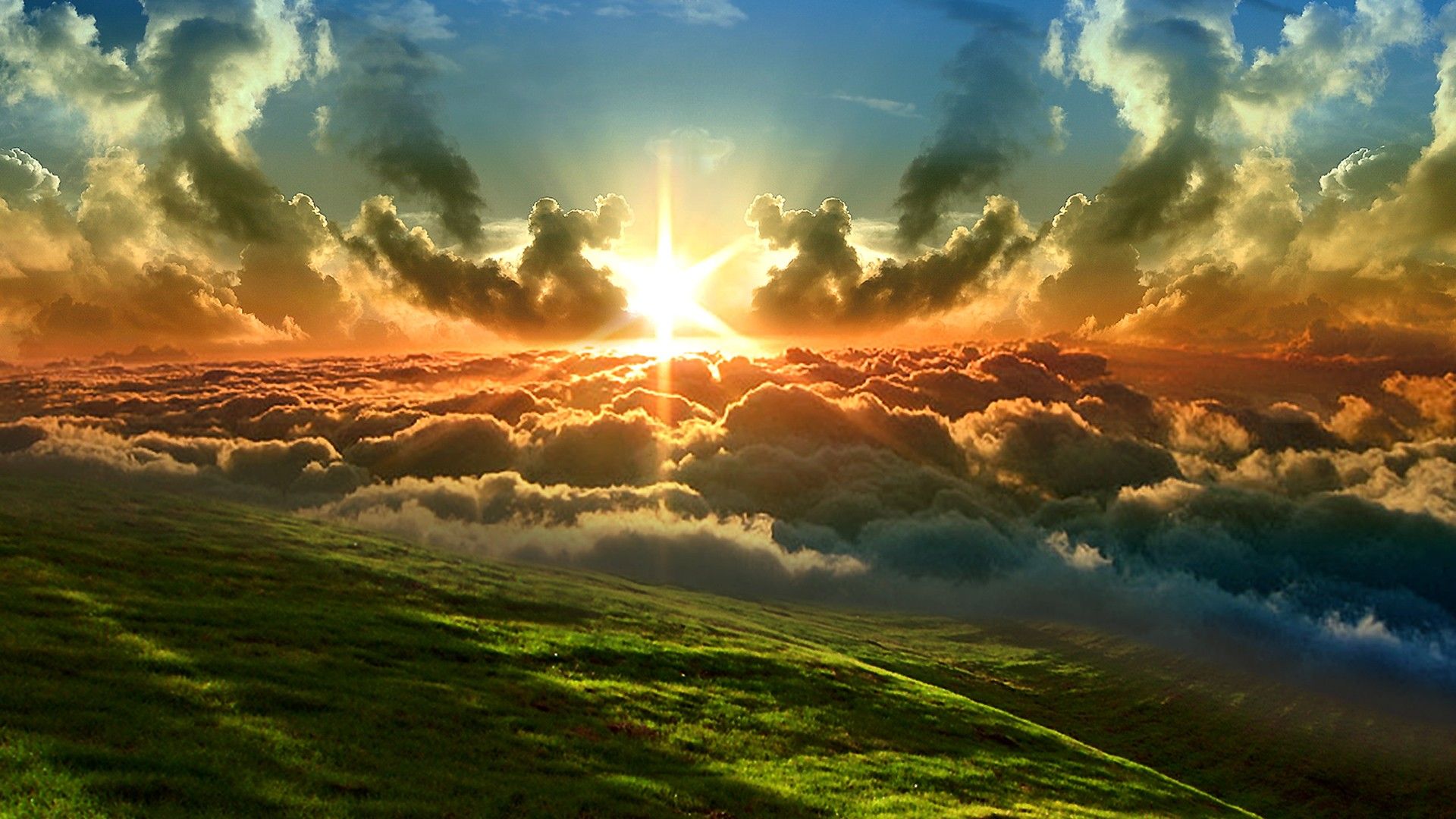 1920x1080 Green Grass Hills And Clouds With Sunset Background And Blue Sky HD Nature Wallpaper