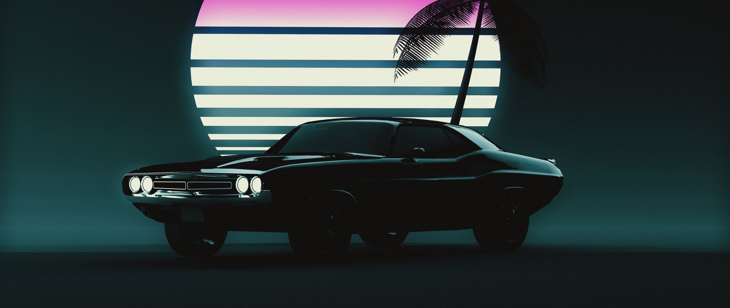 2560x1080 Muscle car Wallpaper 4K, Retro, Vintage car, Sunset, Neon