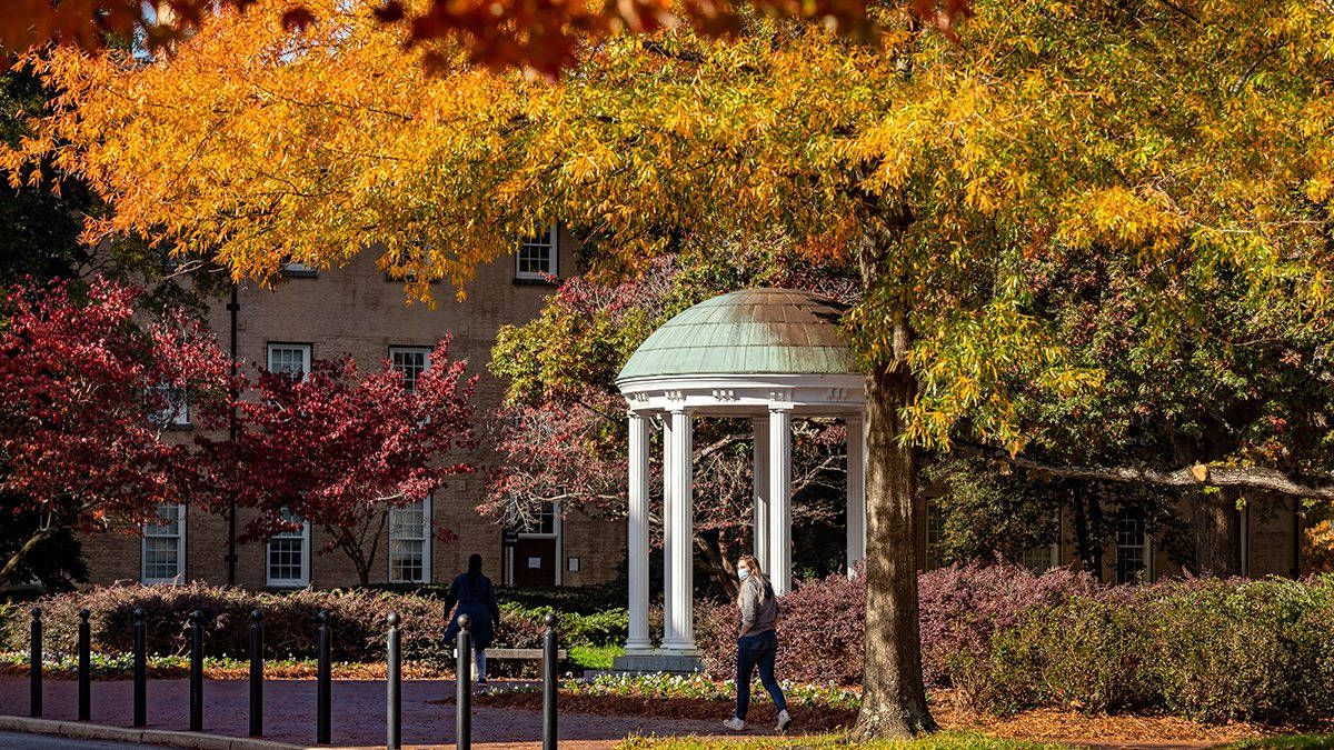 1200x675 Download Stunning image of the Old Well at the University Of North Carolina framed by vibrant foliage. Wallpaper