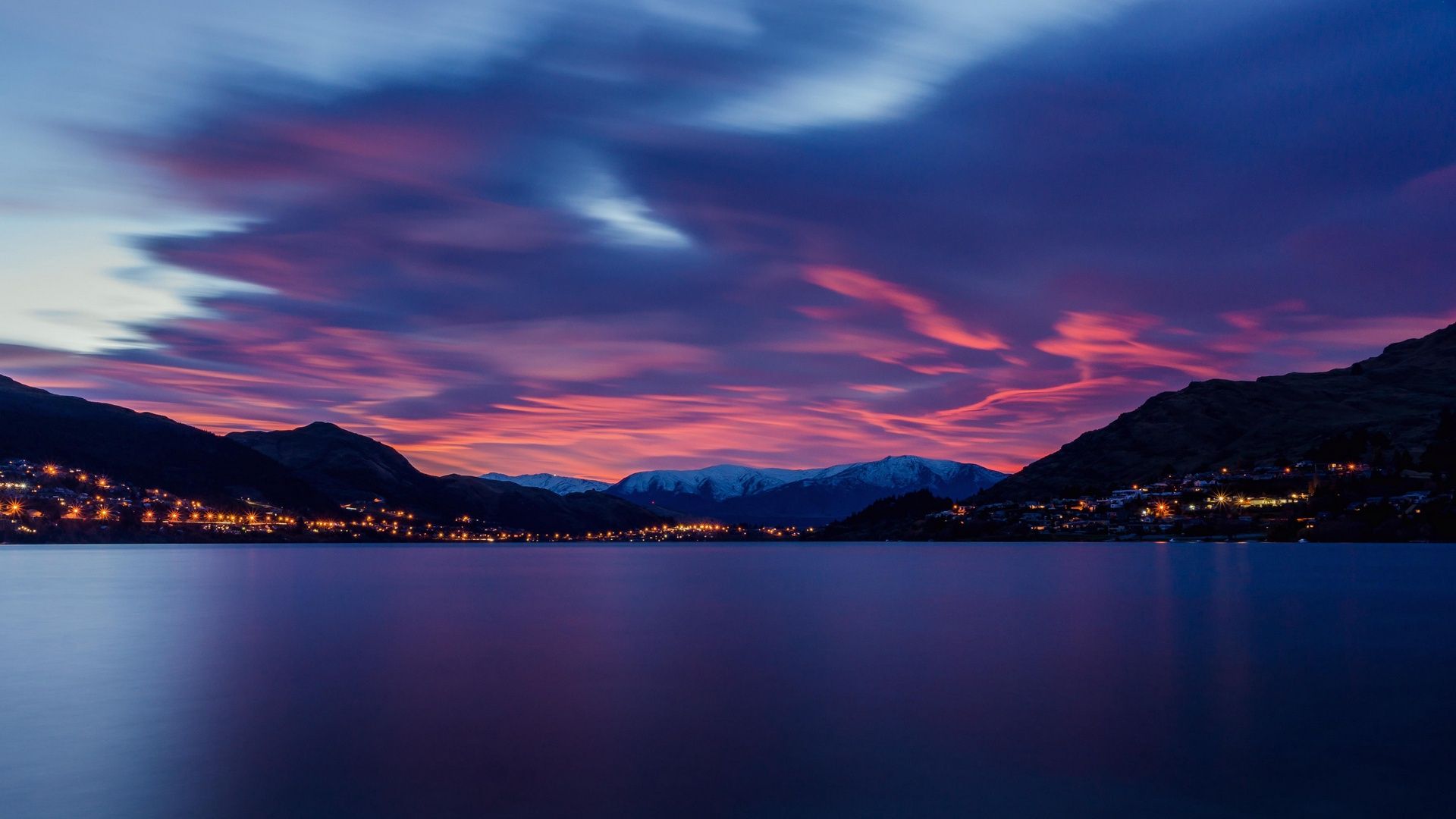 1920x1080 Wallpaper city, lights, twilight, sky, landscape, sunset, water, mountains for mobile and desktop, section пейзажи, resolution 1920x1080