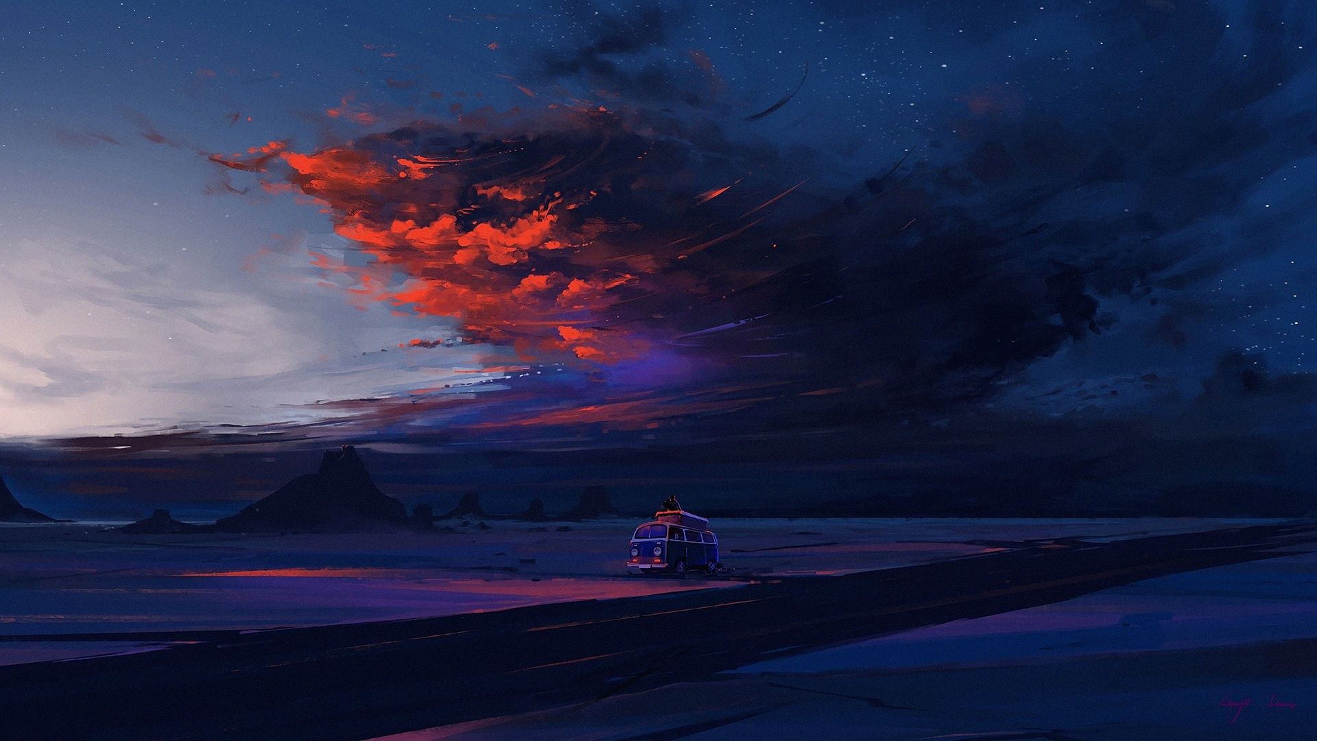 1920x1080 Wallpaper twilight, road, sky, desert, landscape, nature, sunset, night for mobile and desktop, section арт, resolution 1920x1080
