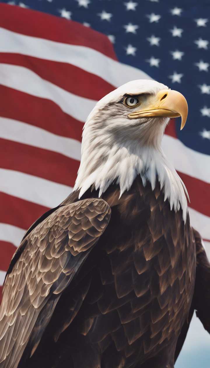 720x1260 A soaring bald eagle against an American flag waving in the breeze. Wallpaper [79c8c55f0d6b4977ab81]