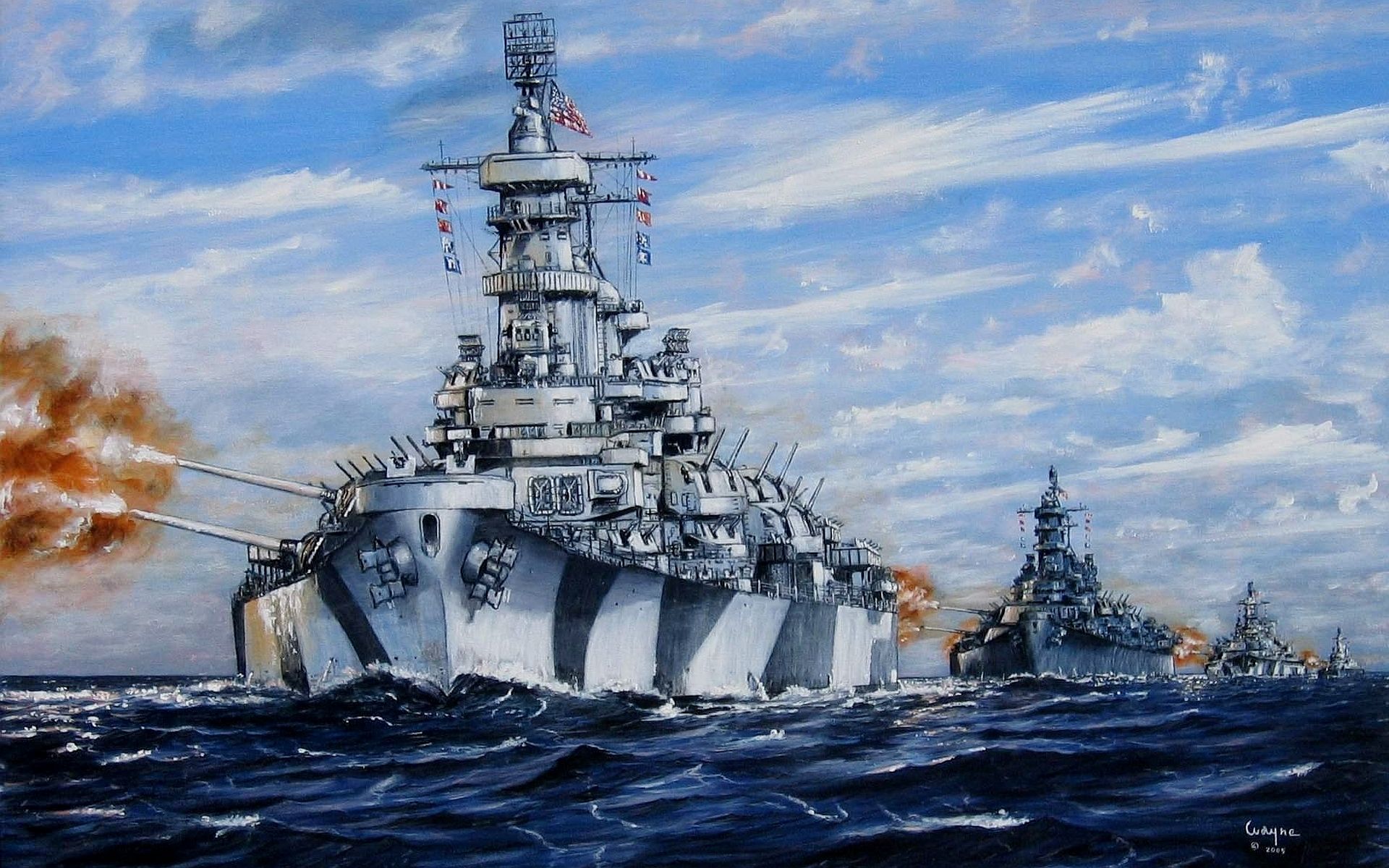 1920x1200 Wallpaper sea, lights, figure, art, volley, Stroy, WW US NAVY for mobile and desktop, section оружие, resolution 1920x1200