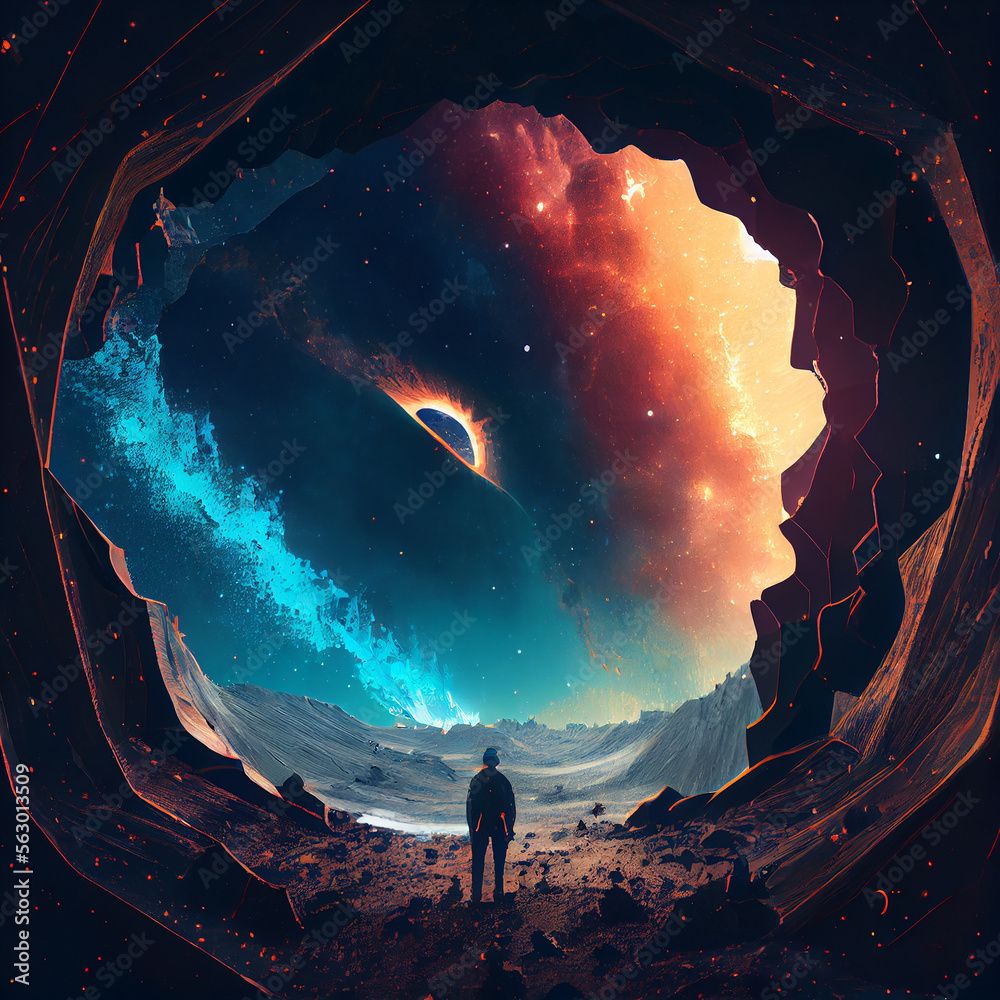 1000x1000 Galaxy Hole, Galaxy, Center Of The Universe, Wallpaper, Background, Hq, Hd, High Quality, High Resolution, Blue Red, Silhouette, Men, Alien, Black Hole, Stars Generative Ai Stock Illustration