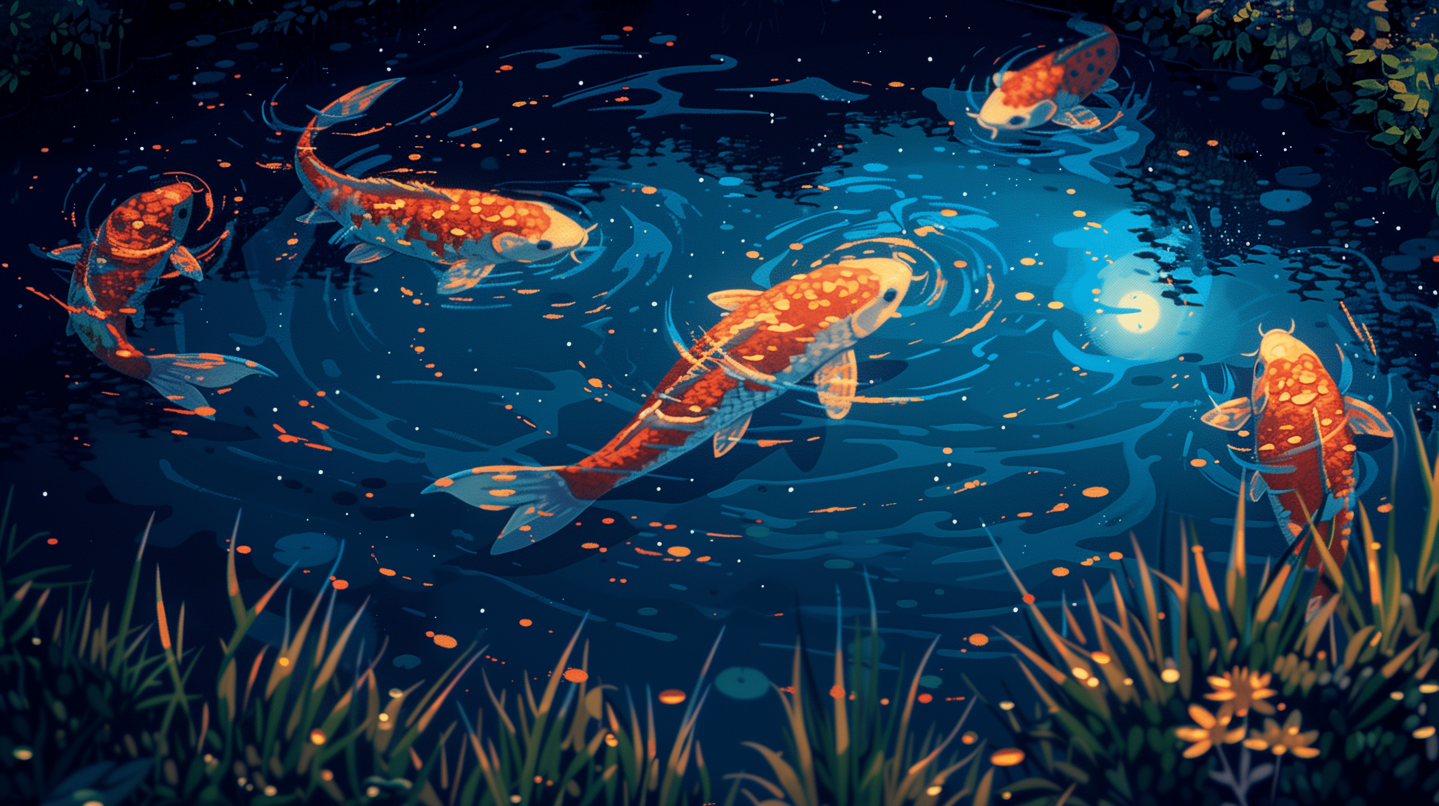 2912x1632 HD Pixel Koi: Vibrant AI Enhanced Digital Pond Artworkx1632