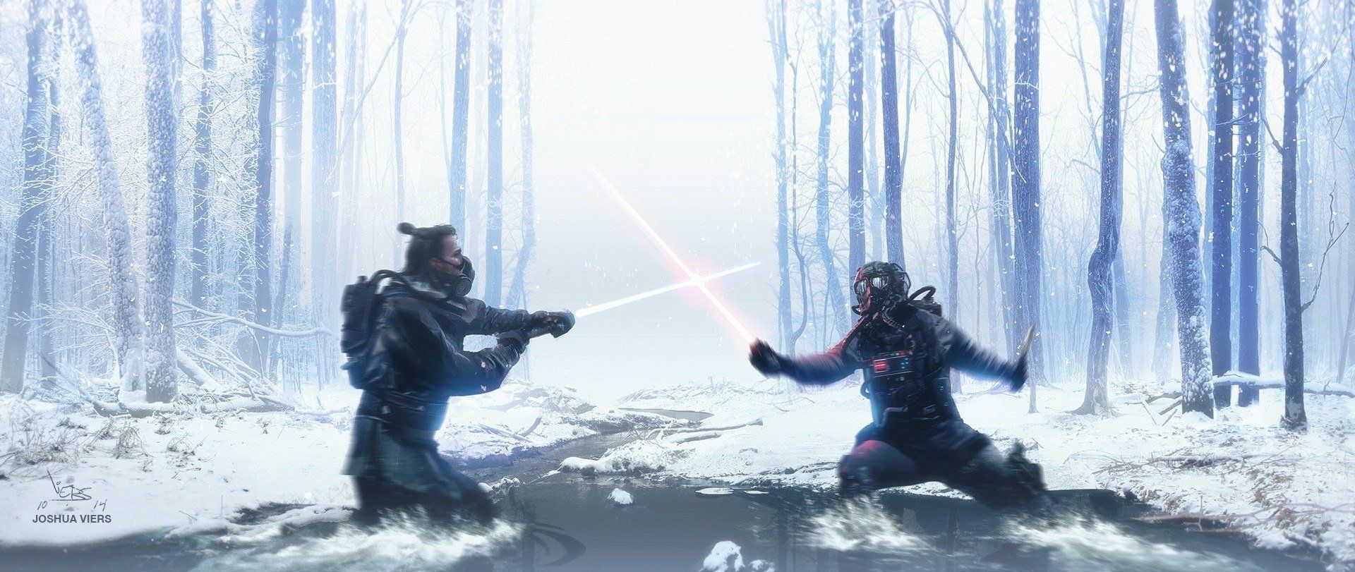 1920x811 Winter Duel: Star Wars Lightsaber Battle in a Snowy Forest Stream