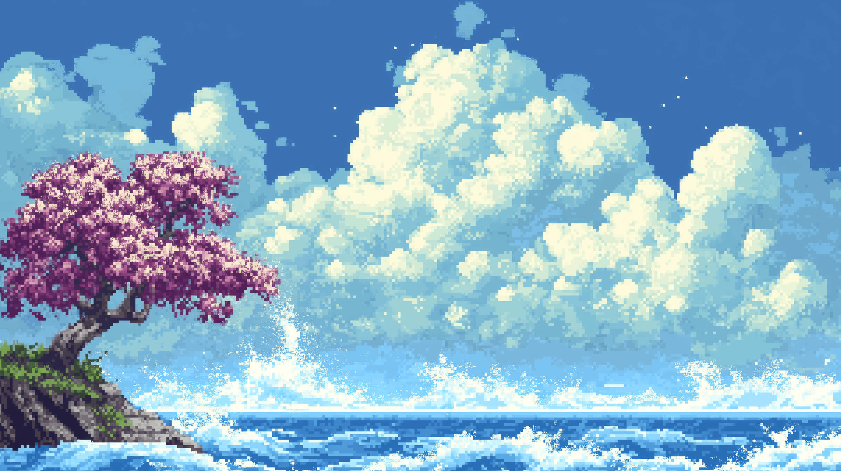 2912x1632 Cherry Blossom Seas: A Stunning HD Pixel Art Wallpaper