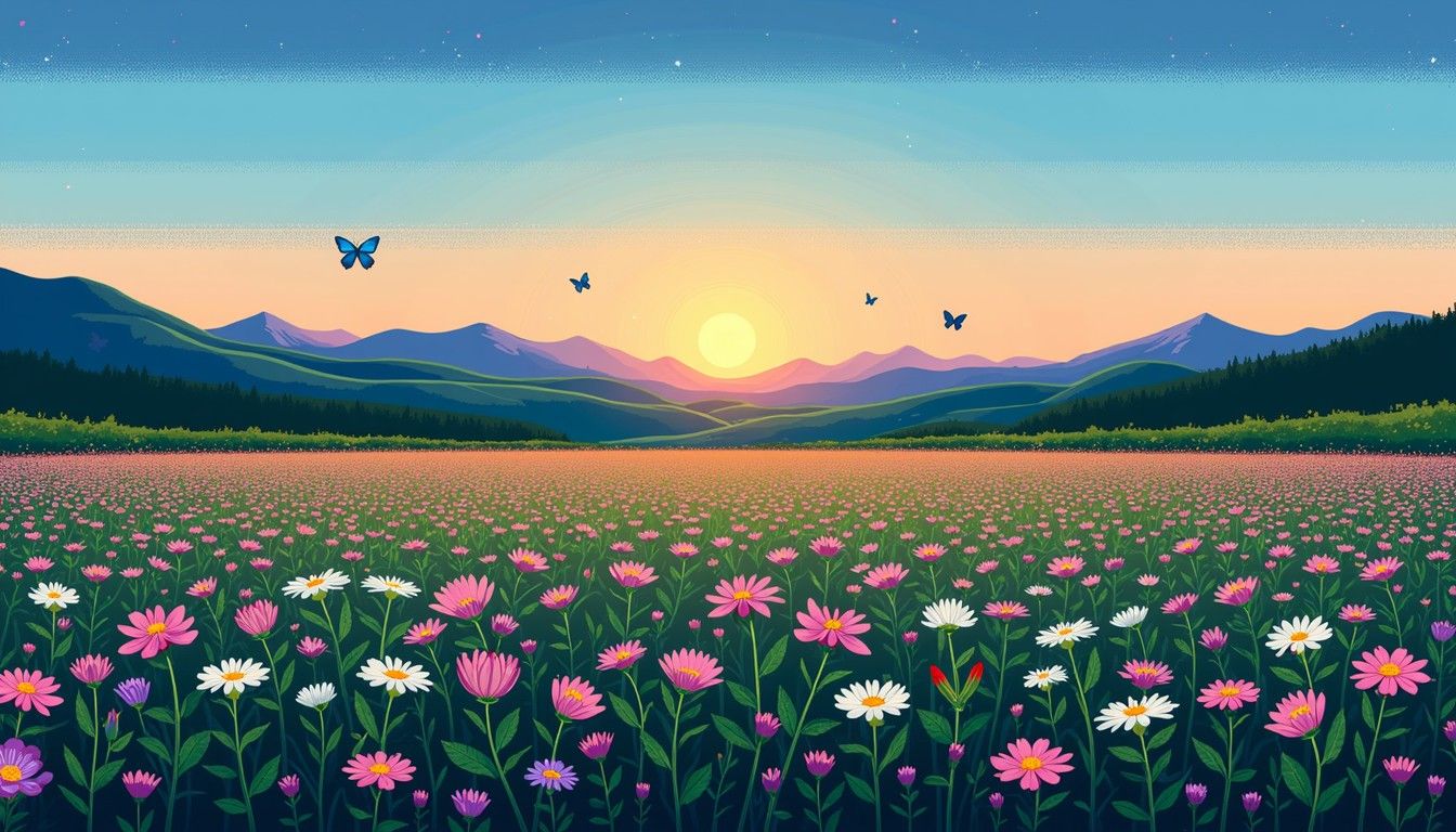 1344x768 Free Pixelated Sunset Meadow Image, Sunset, Flowers