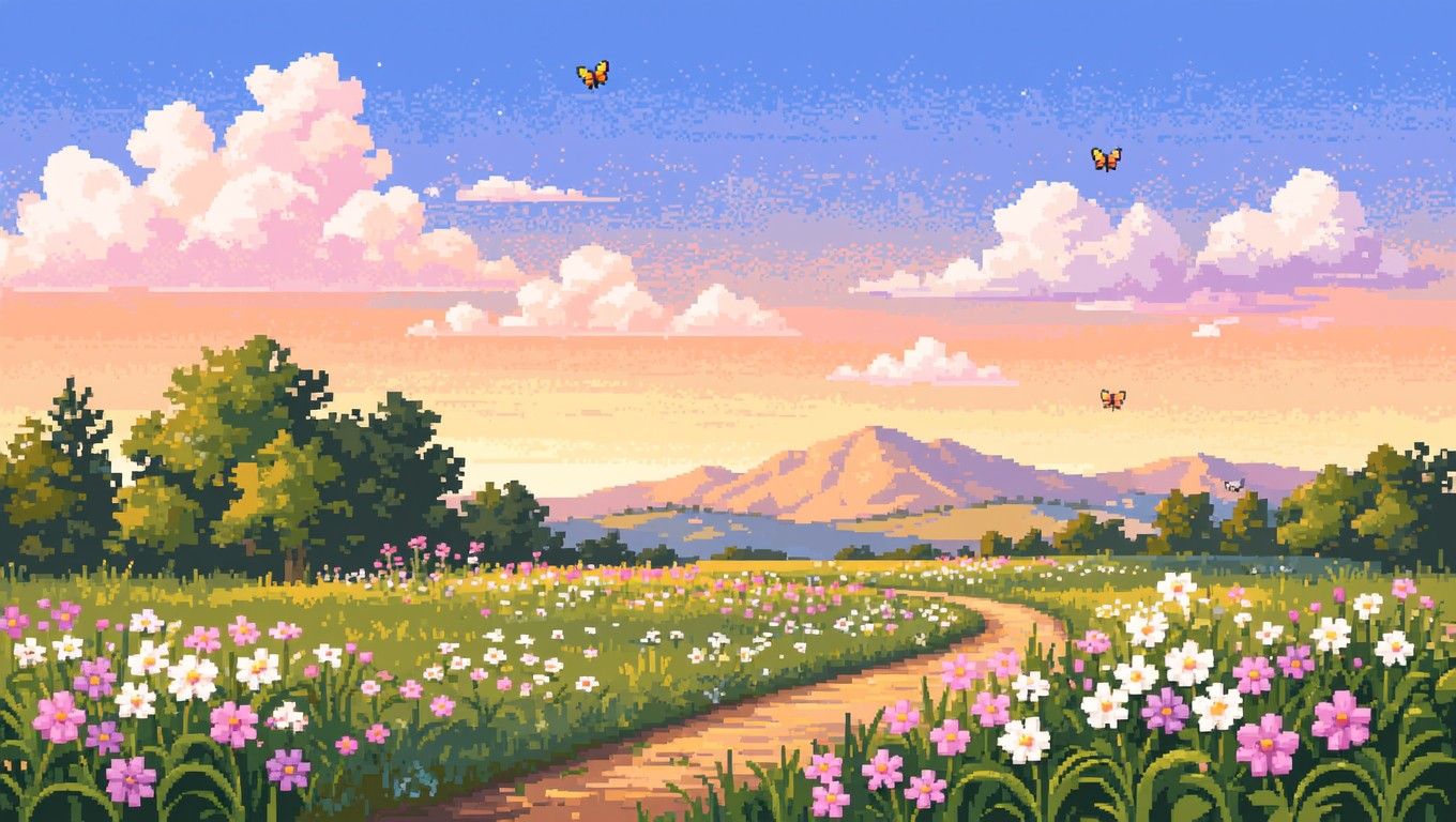1360x768 Free Pixelated Sunset Meadow Image, Sunset, Flowers
