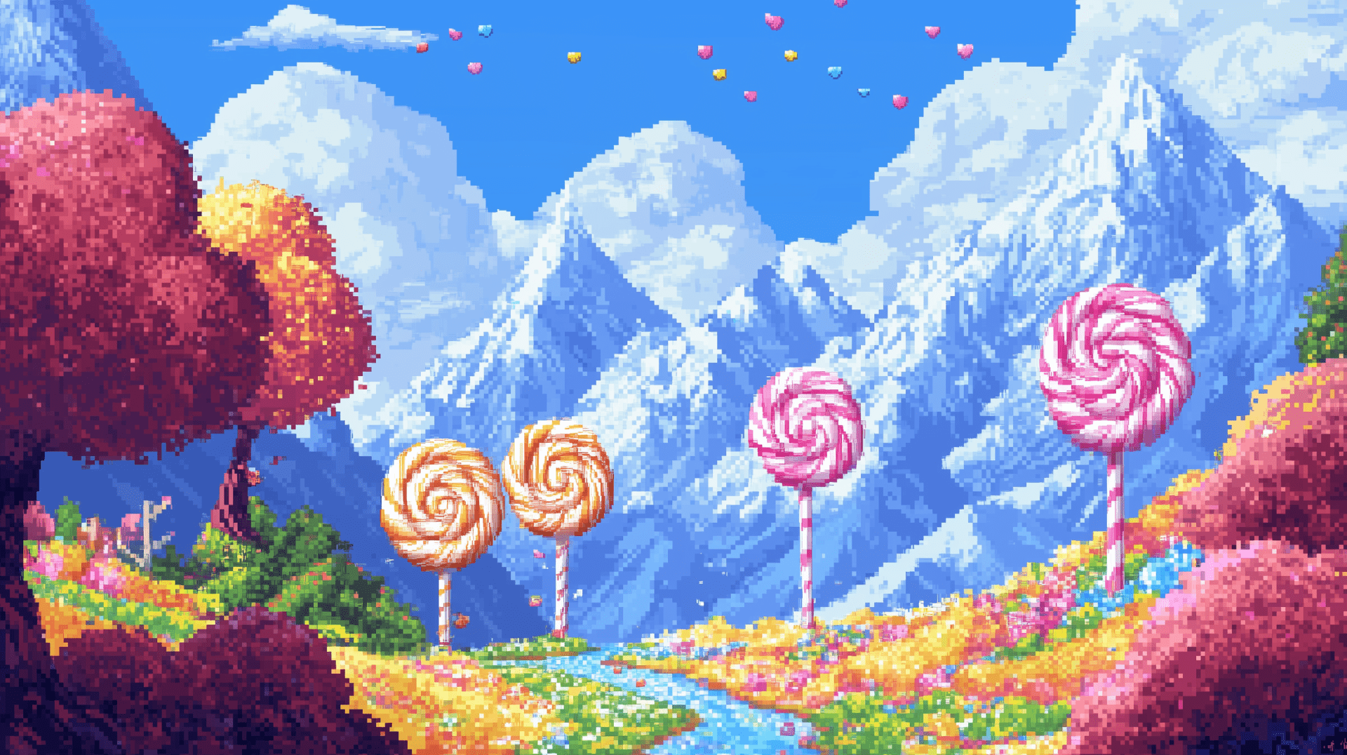 1920x1076 HD Pixel Art Candy World Fantasy Landscape Wallpaper with Mountains