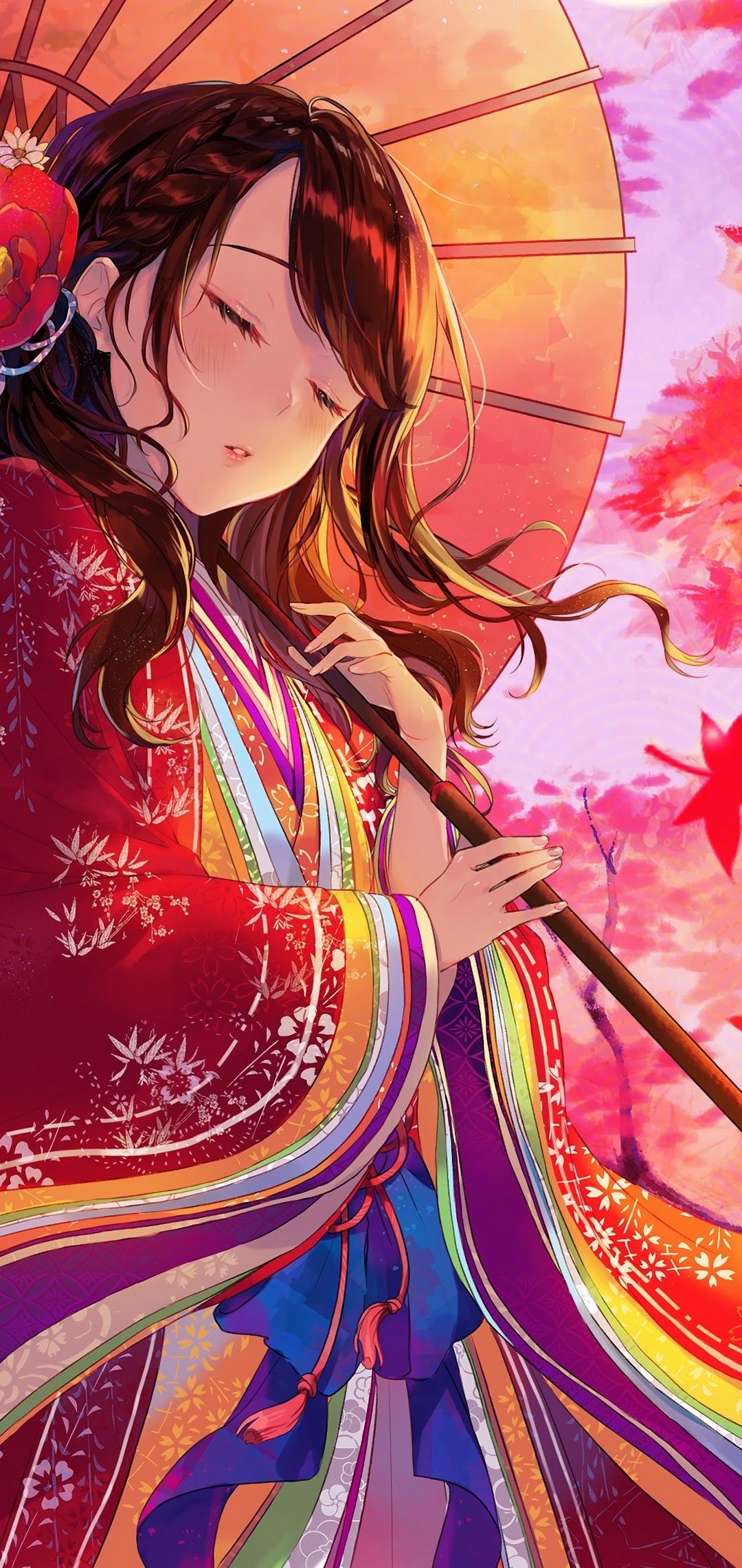 1080x2280 Anime Girl Kimono Maple Trees Autumn 4K Wallpaper HD