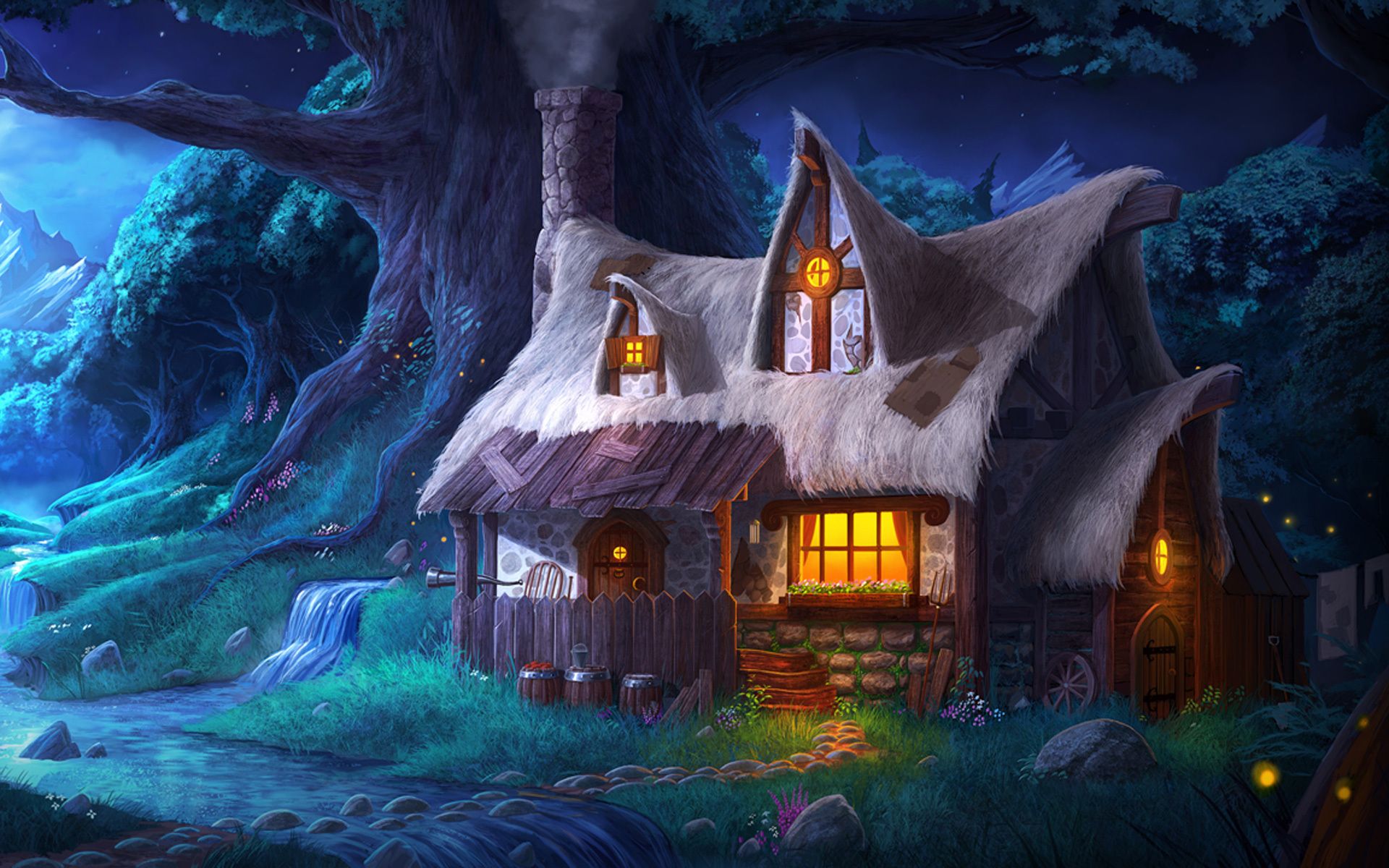 1920x1200 Enchanted Night Cottage in Trine 2's Mystical Forest