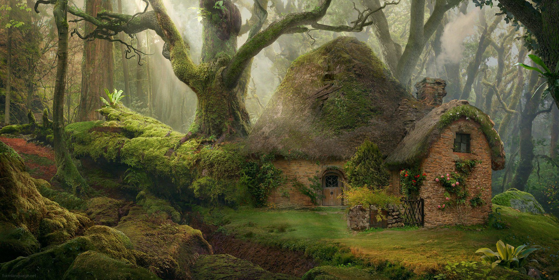 1920x961 Enchanted Forest Cottage Wallpaper