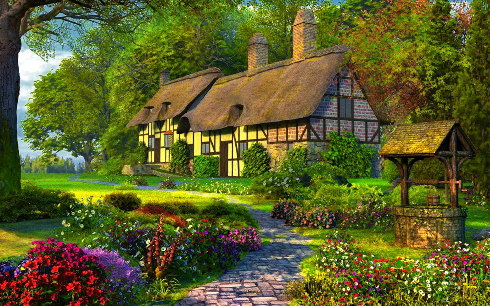 1680x1050 Desktop wallpaper: Cottage, Artistic, Painting, Flower, Spring, Tree 4K free download for PC. 788295