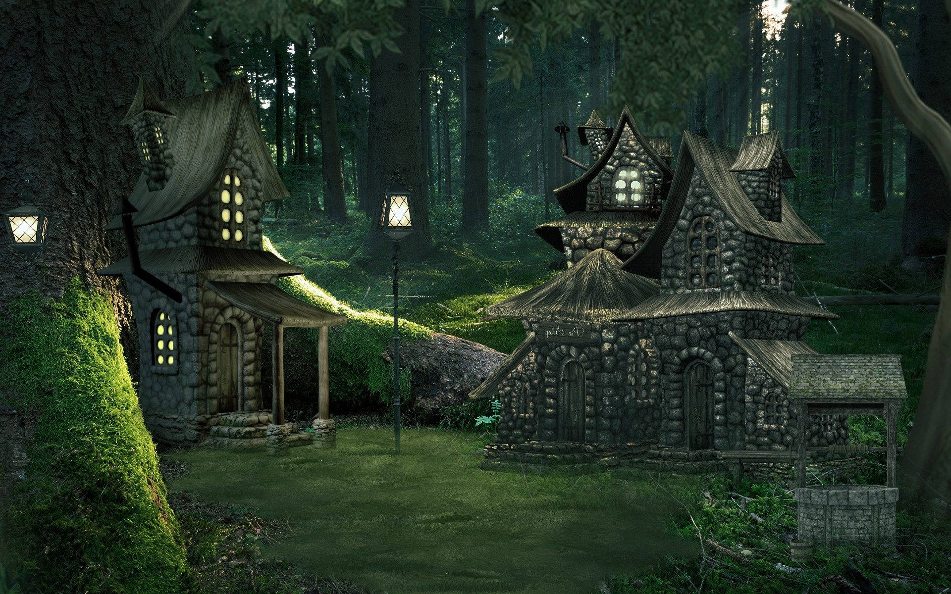 1920x1200 Download Enchanted Forest Stone Cottages Wallpaper