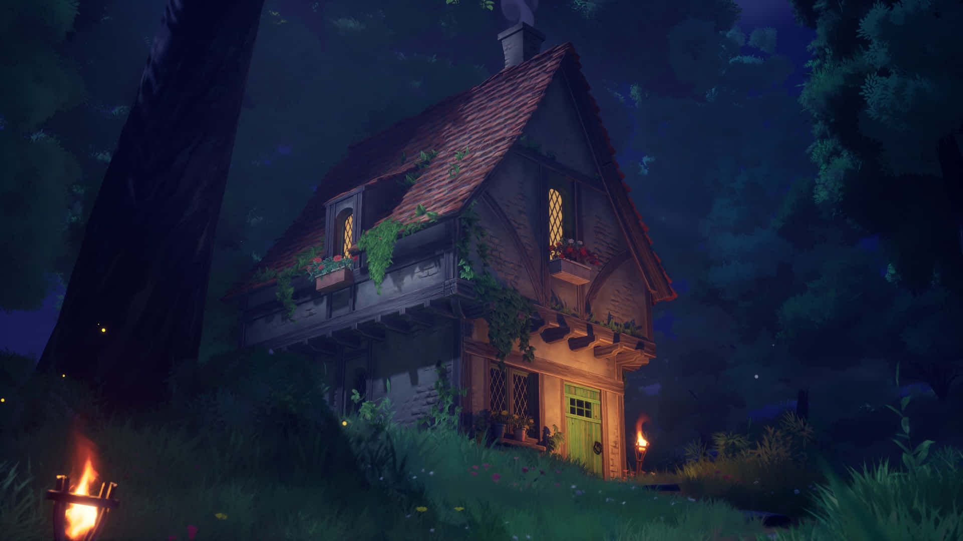 1920x1080 Download Enchanted Forest Cottage Night Wallpaper