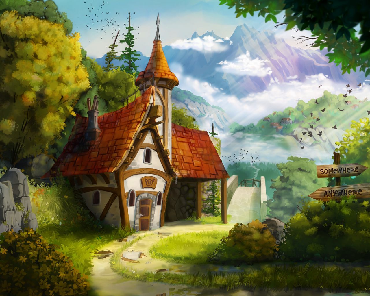 1280x1024 Download wallpaper 1280x1024 house, fairytale, landscape, art standard 5:4 HD background