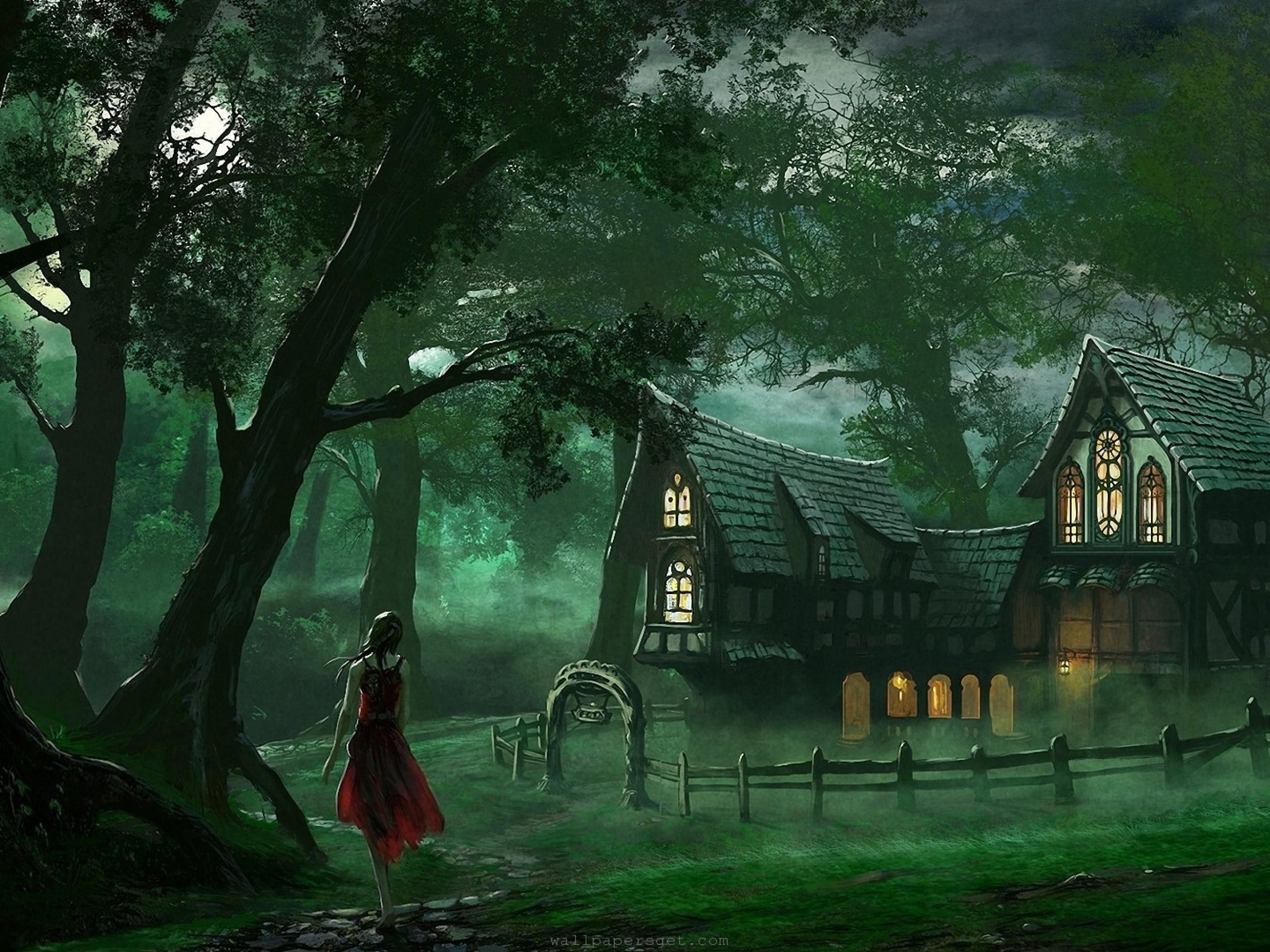 2560x1920 art, Artistic, Paintings, Fantasy, Mood, Trees, Forest, Nature, Women, Females, Girls, Architecture, Buildings, Cottage, Window, Lights, Houses, Landscapes, Leave Wallpaper HD / Desktop and Mobile Background