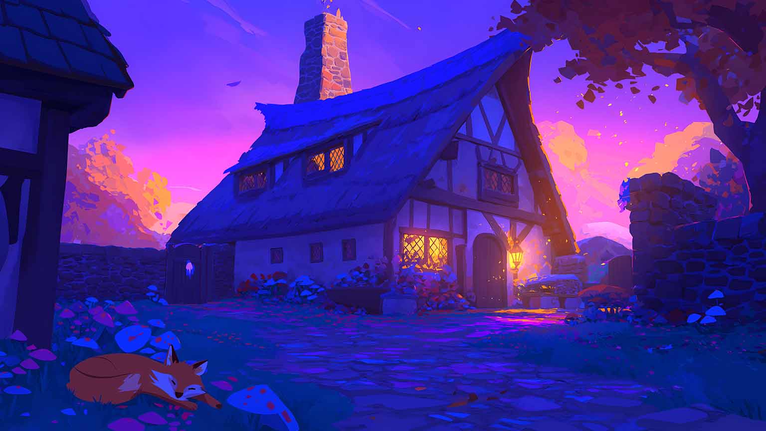 1536x864 Free Cute Fox Cottage 4K Desktop Wallpaper Download