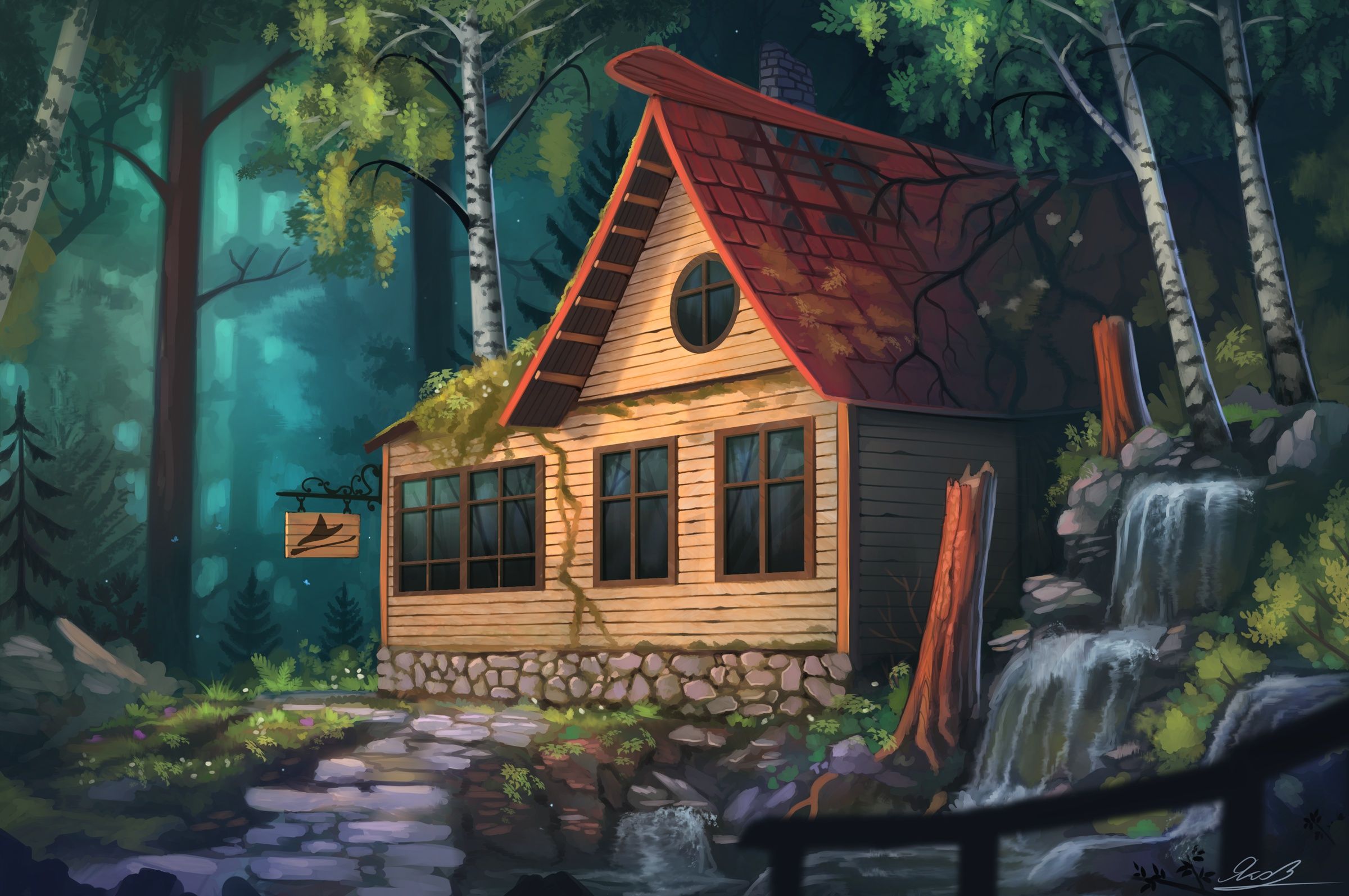 2400x1594 Wallpaper waterfall, tale, track, sign, cottage, art, birch, in the woods for mobile and desktop, section арт, resolution 2400x1594