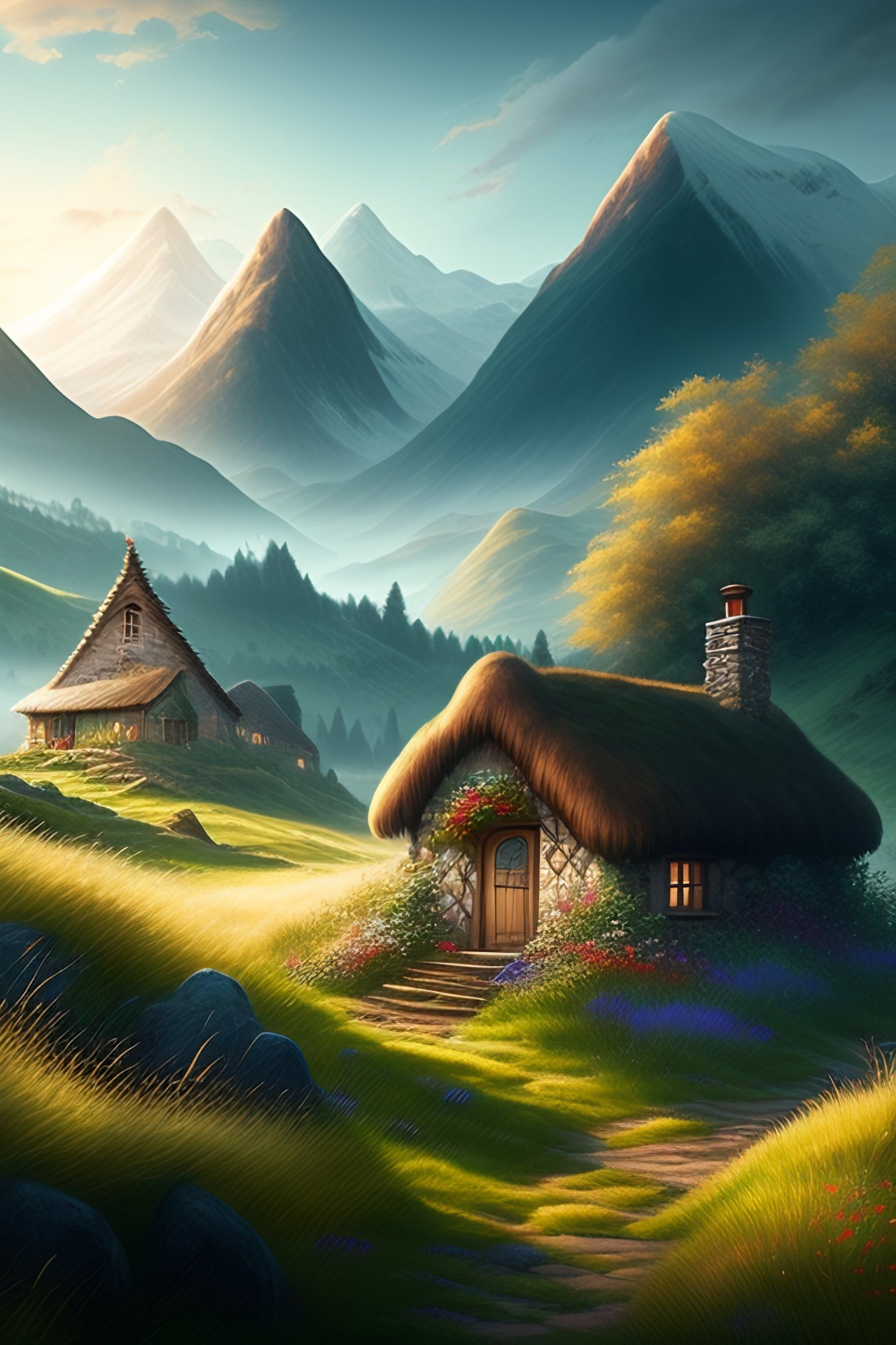 2048x3072 Lexica fields with large mountains in the distance, small cottage in the foreground, landscape wallpaper, d&d art, fantasy, painted, 4k, hig