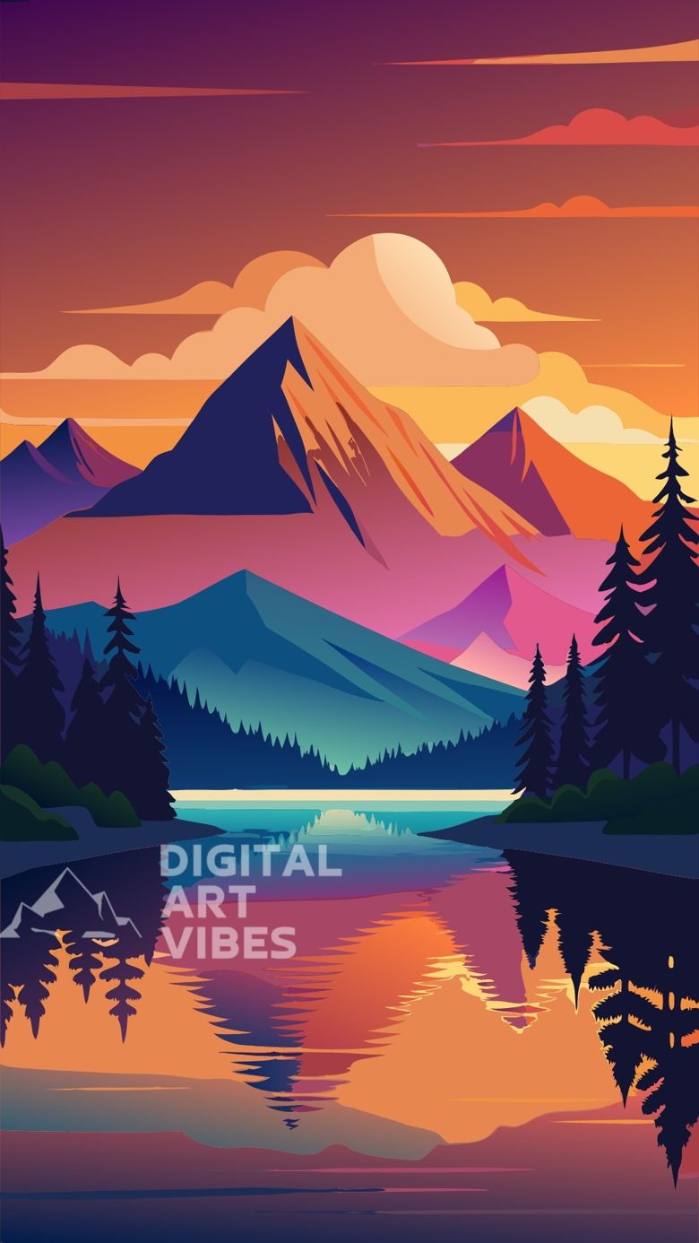 780x1386 Colorful Vector Landscape Of Untouched Wilderness, Lake, And Mountains. Phone Wallpaper's Ko Fi Shop