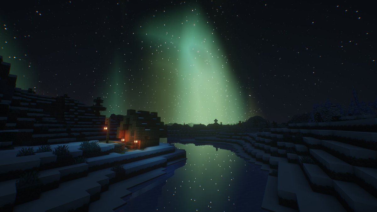 1200x675 Prismarine shaders #minecraft #wallpaper #minecraftwallpaper #minecraftlandscapes #aurora #shader #house #ice #snow #stars #northernlights