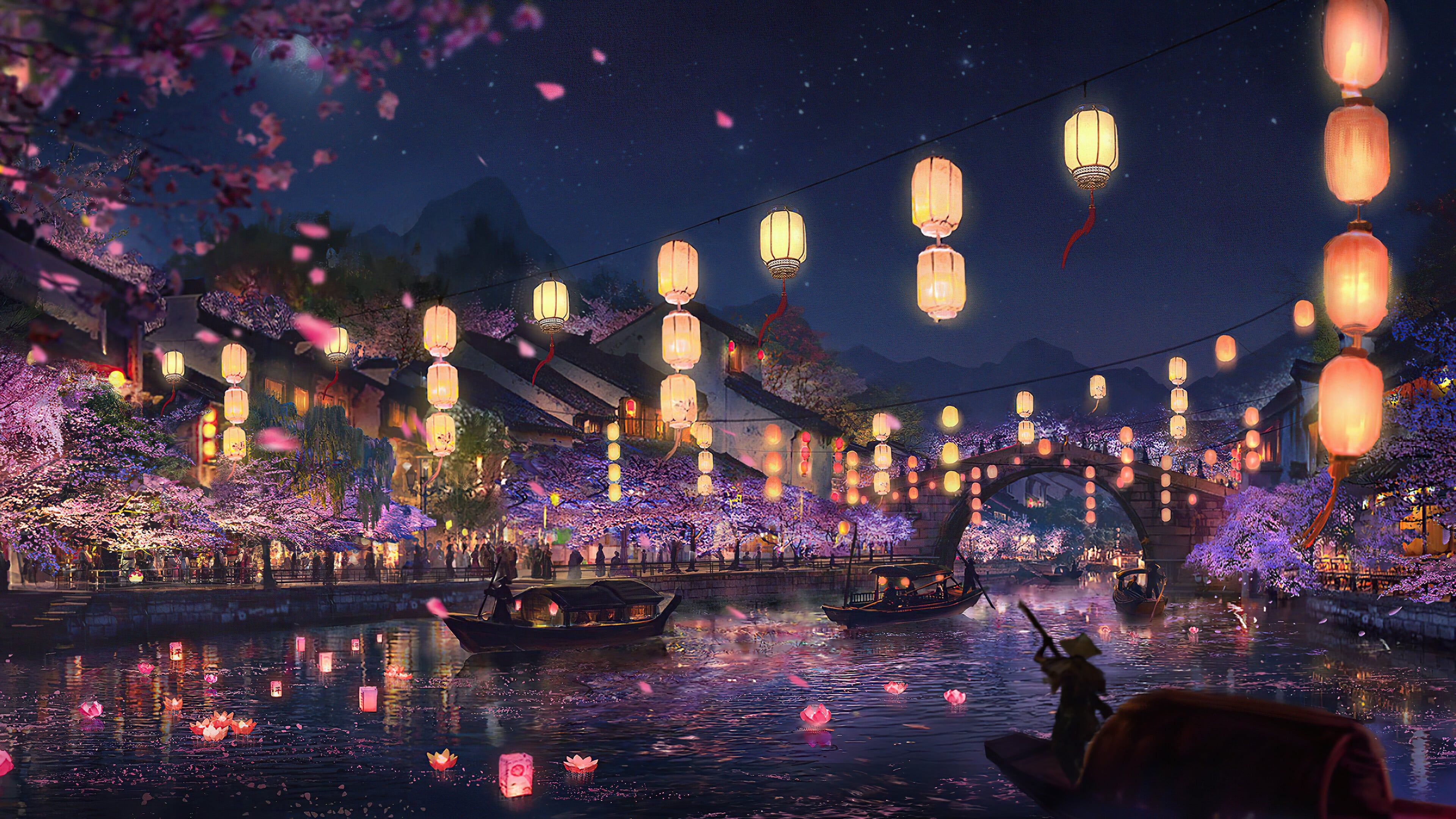 3840x2160 Light Festival at river Digital Art Wallpaper 4K for Desktop