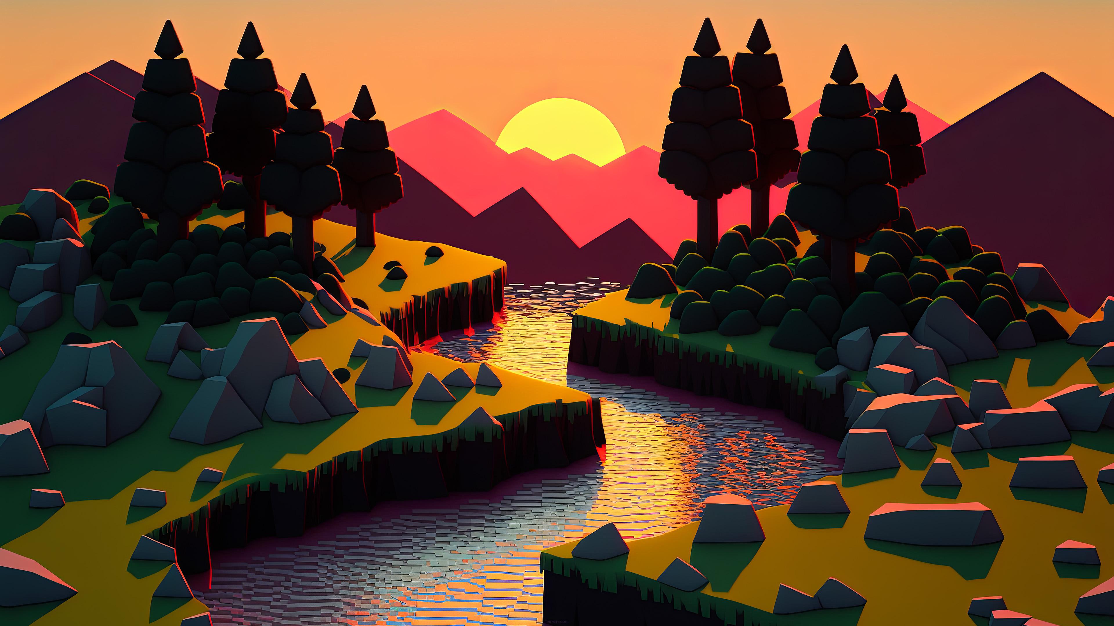 3840x2160 Voxel Sunset 4K {3840x2160} by a.i