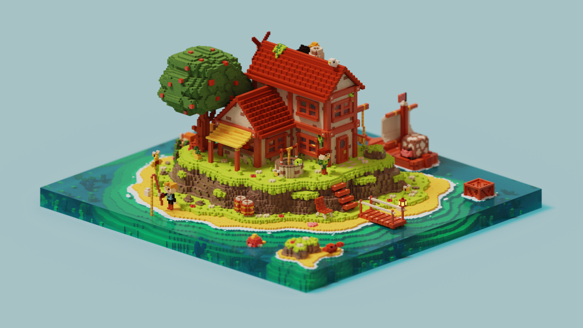 1920x1080 Sunset House, Me, Voxel Art, 2022
