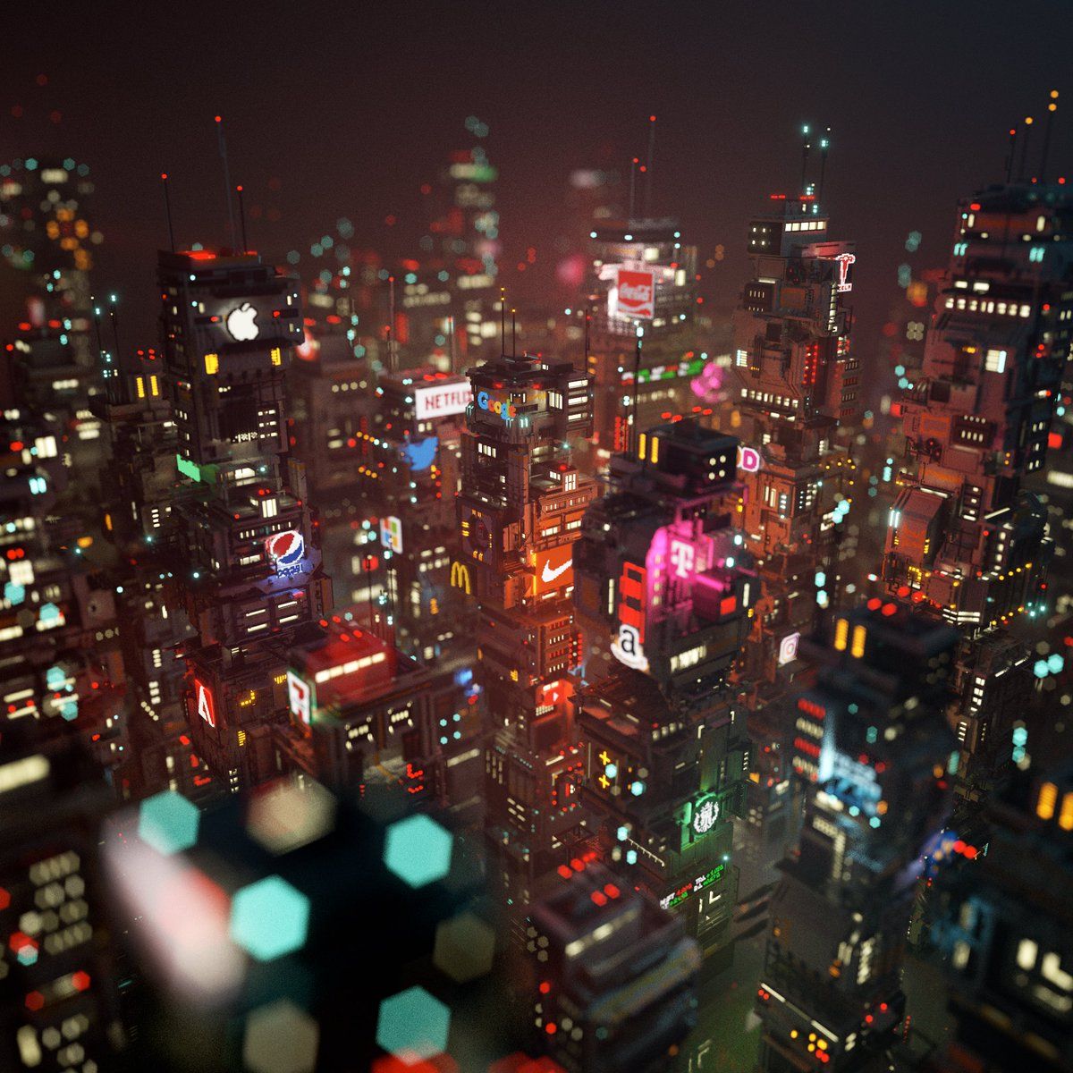 1200x1200 The Future City #MagicaVoxel #VoxelArt #voxels #cgart #brands #rendering #render dart #cyberpunk