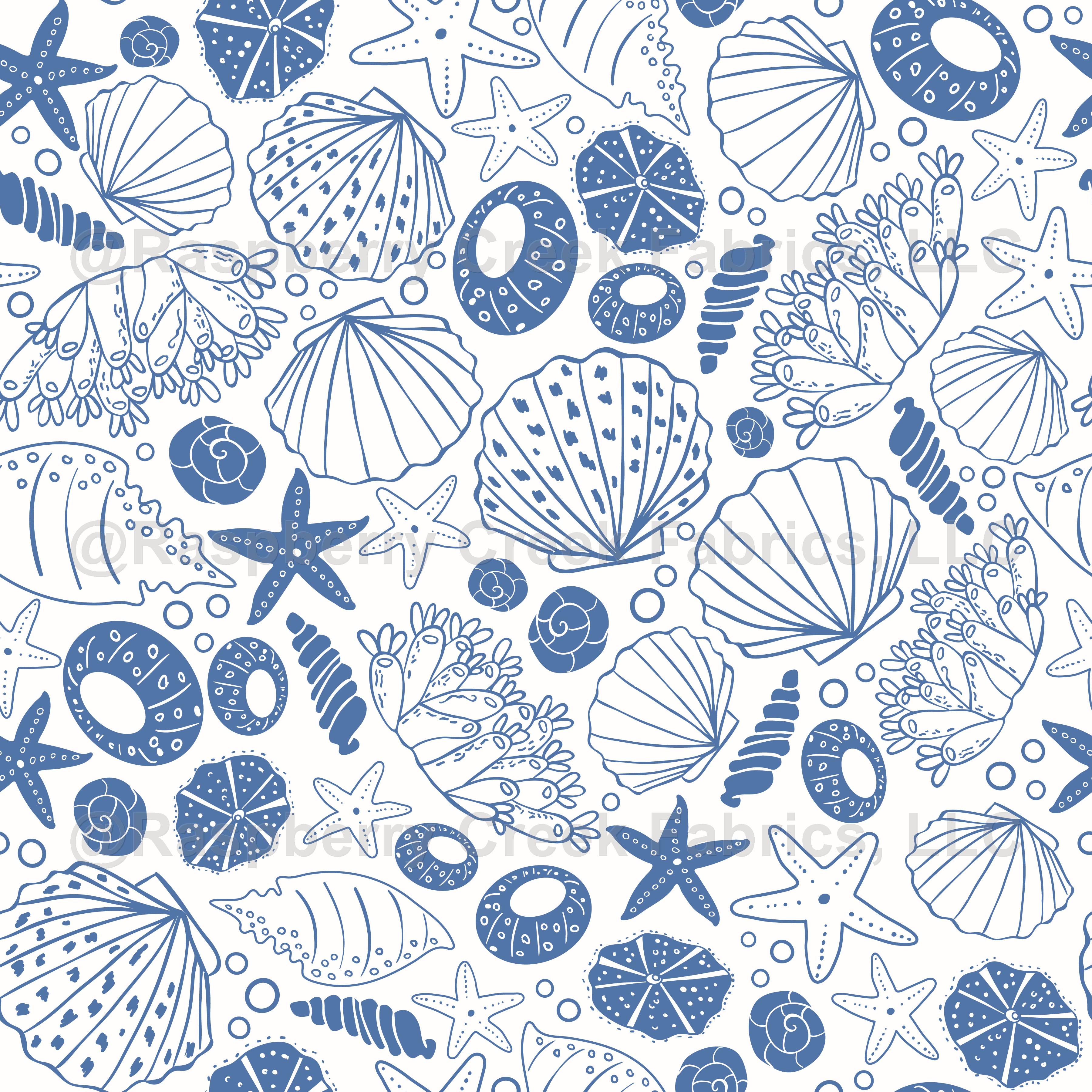 3600x3600 Blue and White Sea Shells Wallpaper, Raspberry Creek Fabrics
