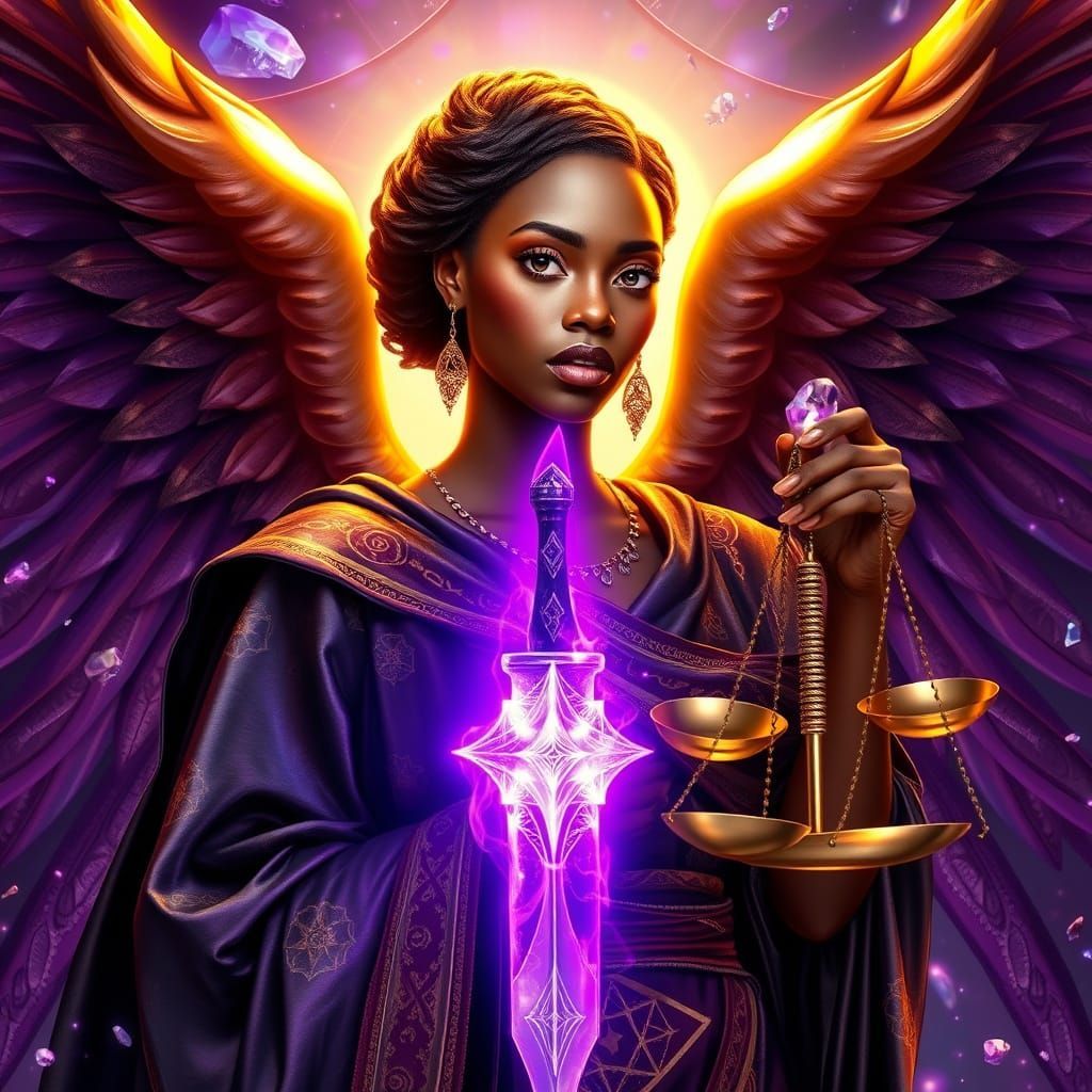 1024x1024 black / brown feminine representation of Archangel Zadkiel surrounded by vibrant purple / violet flaming sword, amethyst crystals, scales of
