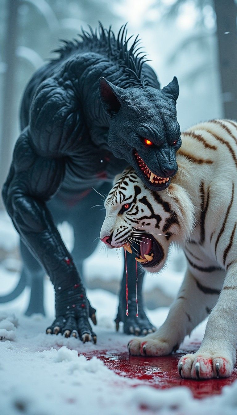 768x1344 Hybrid Monster Attacks Regal Tiger in Frozen Forest. Stable Diffusion Online