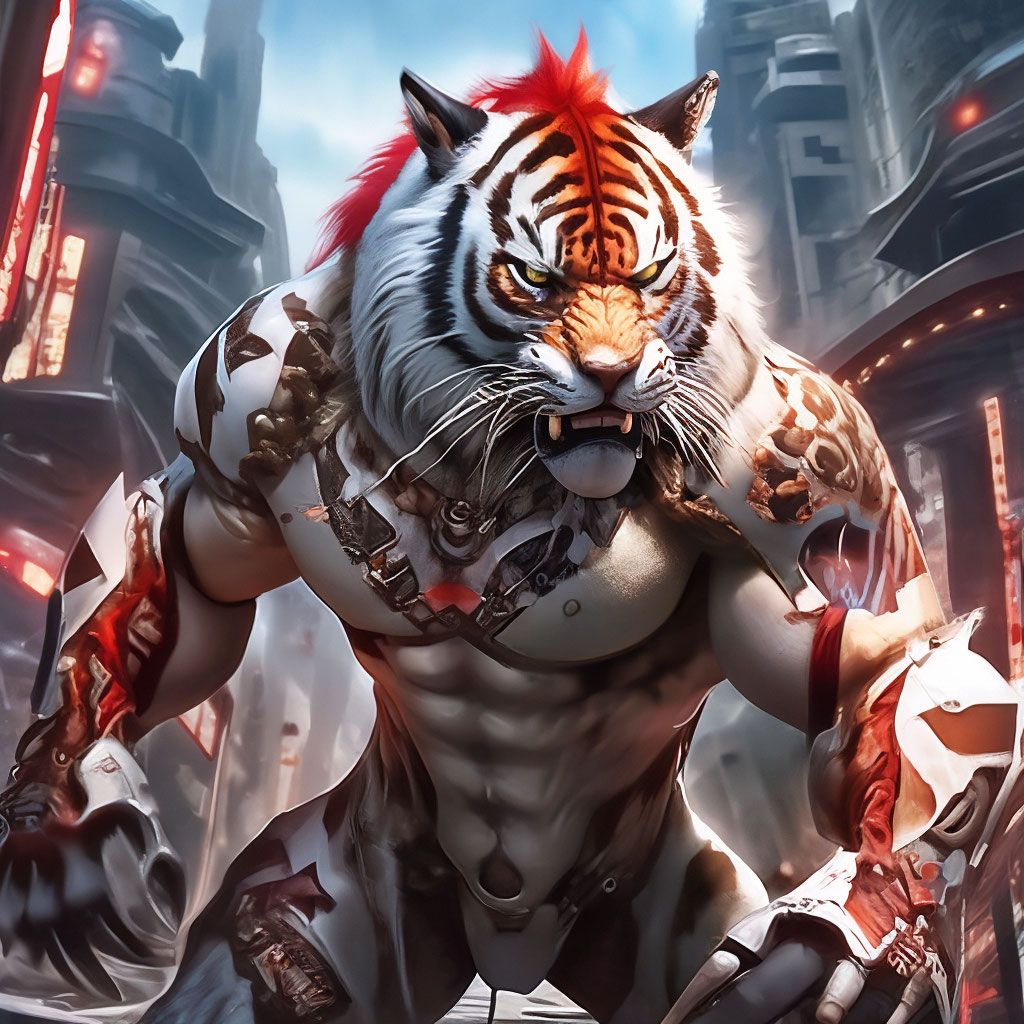 1024x1024 Ferocious Muscular Tiger Bear Cyborg In Style Of Final Fantasy, Mother Of Pearl Tiger Bear With A Scarlet Mohawk On