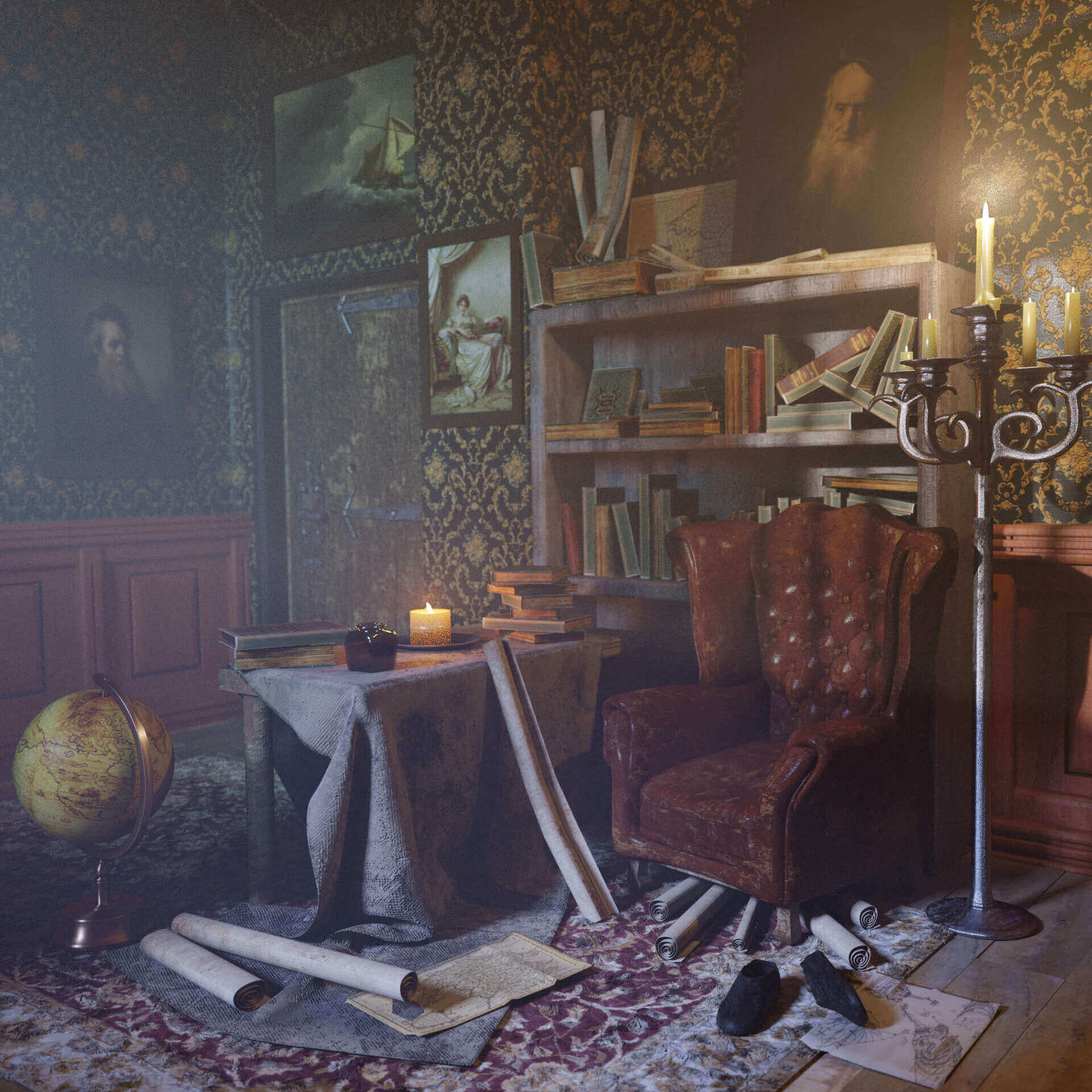 1920x1920 Old Man's Study 3D Render, Digital Art