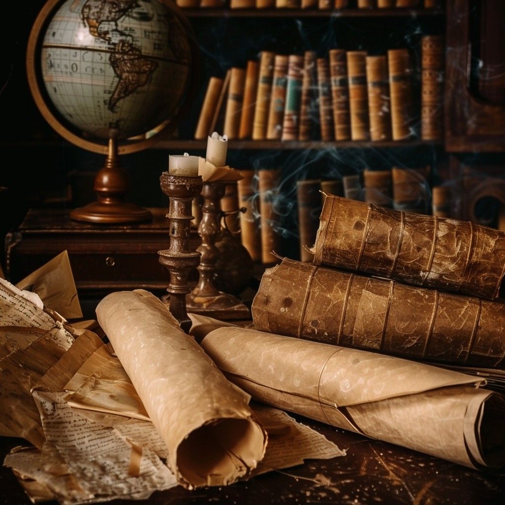 1024x1024 Free antique, scrolls, globe, candle, bookshelves, history, study, parchment, wood, library, vintage, knowledge, exploration, world, map, documents, academic, literature, artifacts, erudition, table, dim, light, ambiance, classic, intellectual, room