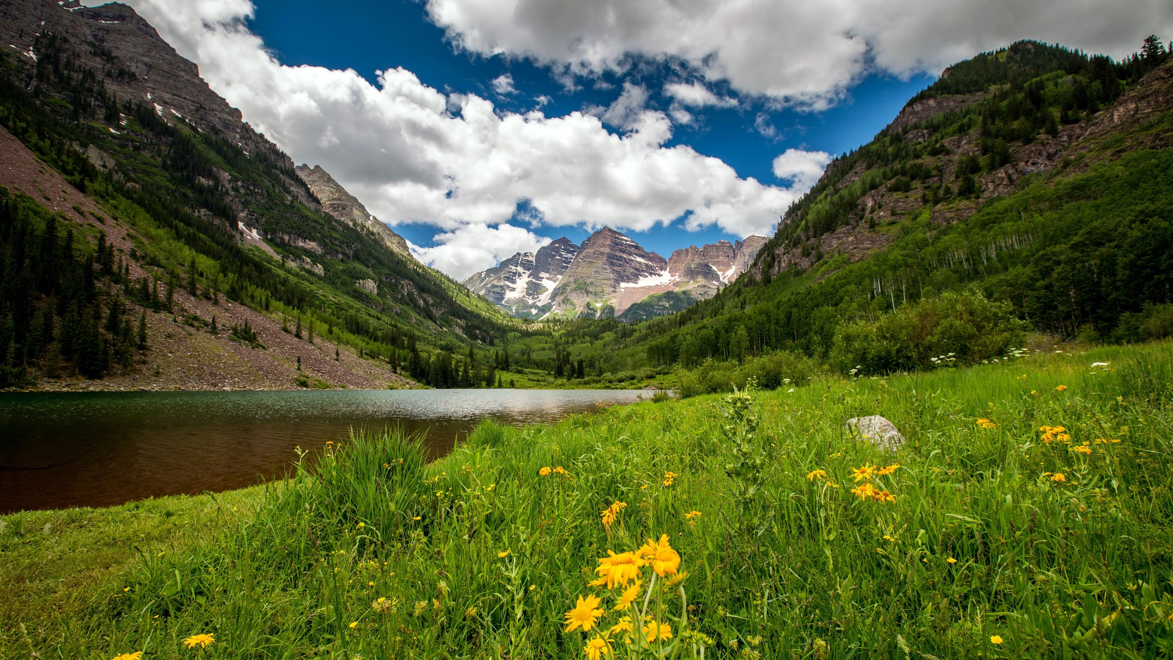 3840x2160 Wallpaper Colorado, mountains, lake, valley, flowers, clouds, USA 3840x2160 UHD 4K Picture, Image