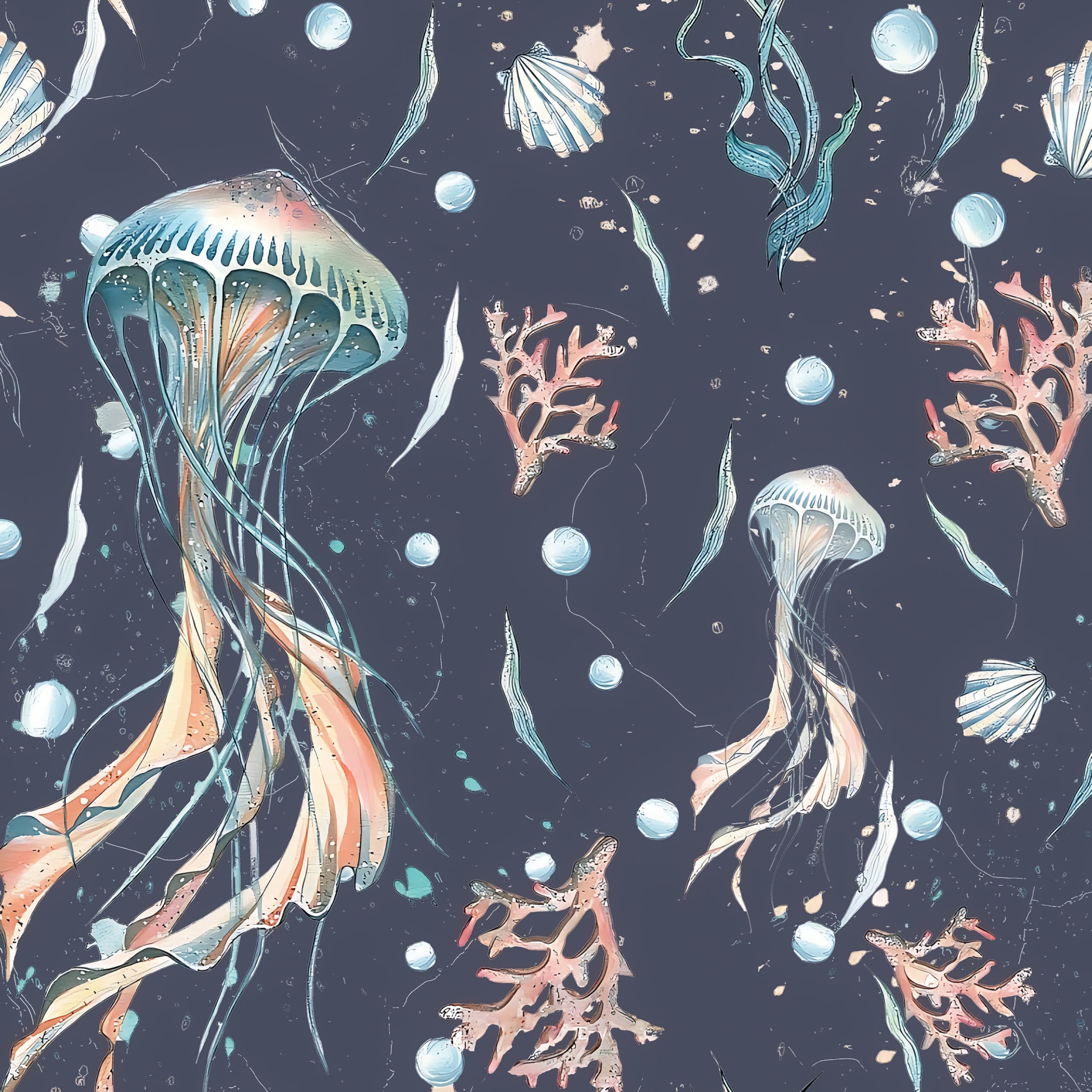 2560x2560 HeloHo Peel and Stick Wallpaper Dark Blue Wall Paper Ocean Jellyfish Seaweed Self Adhesive Removable Waterproof Contact Paper for Bathroom Living Room Decor 17.3 X 78.7