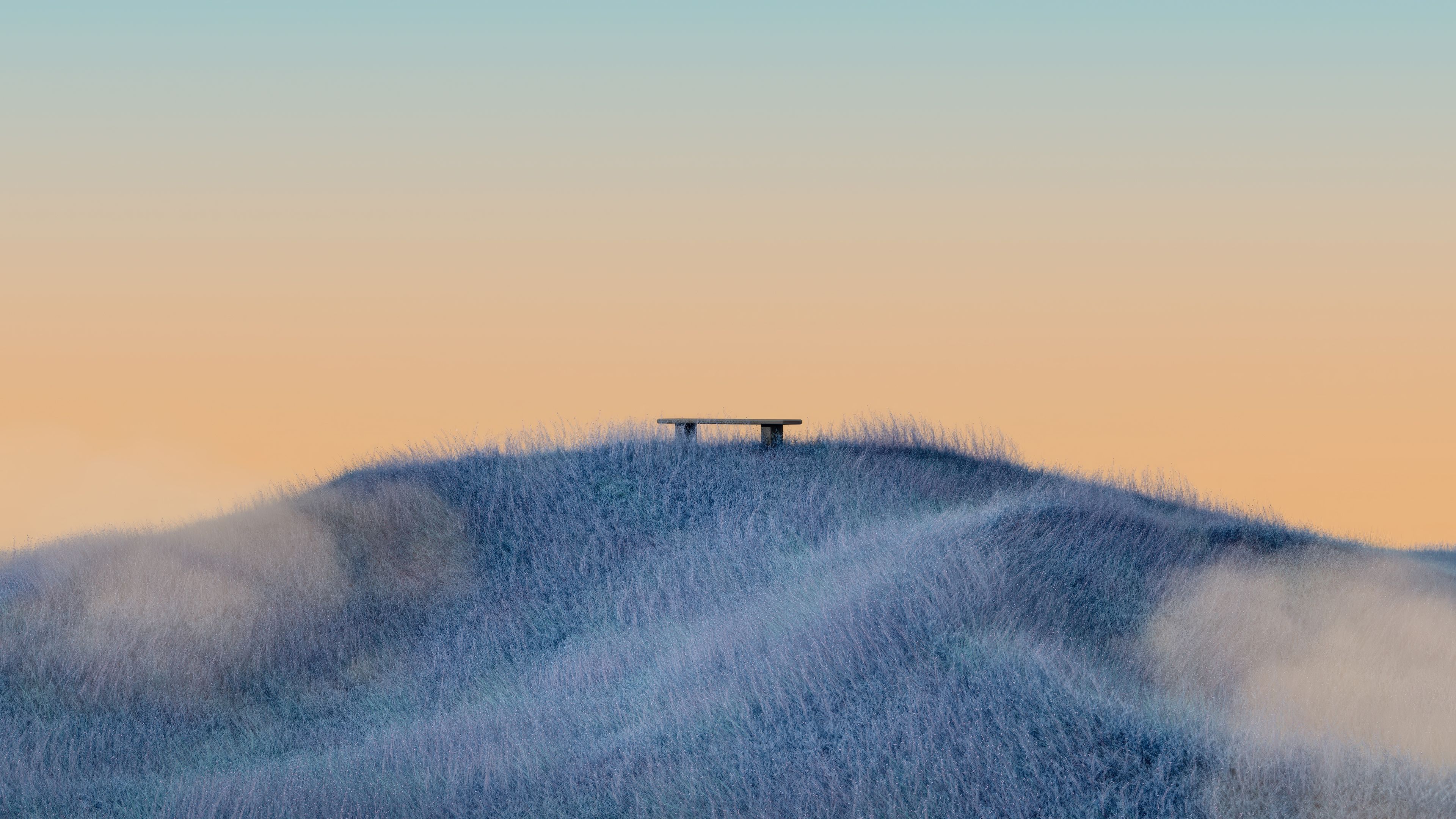 3840x2160 Minimalist Wallpaper 4K, Landscape, Grass field, Bench