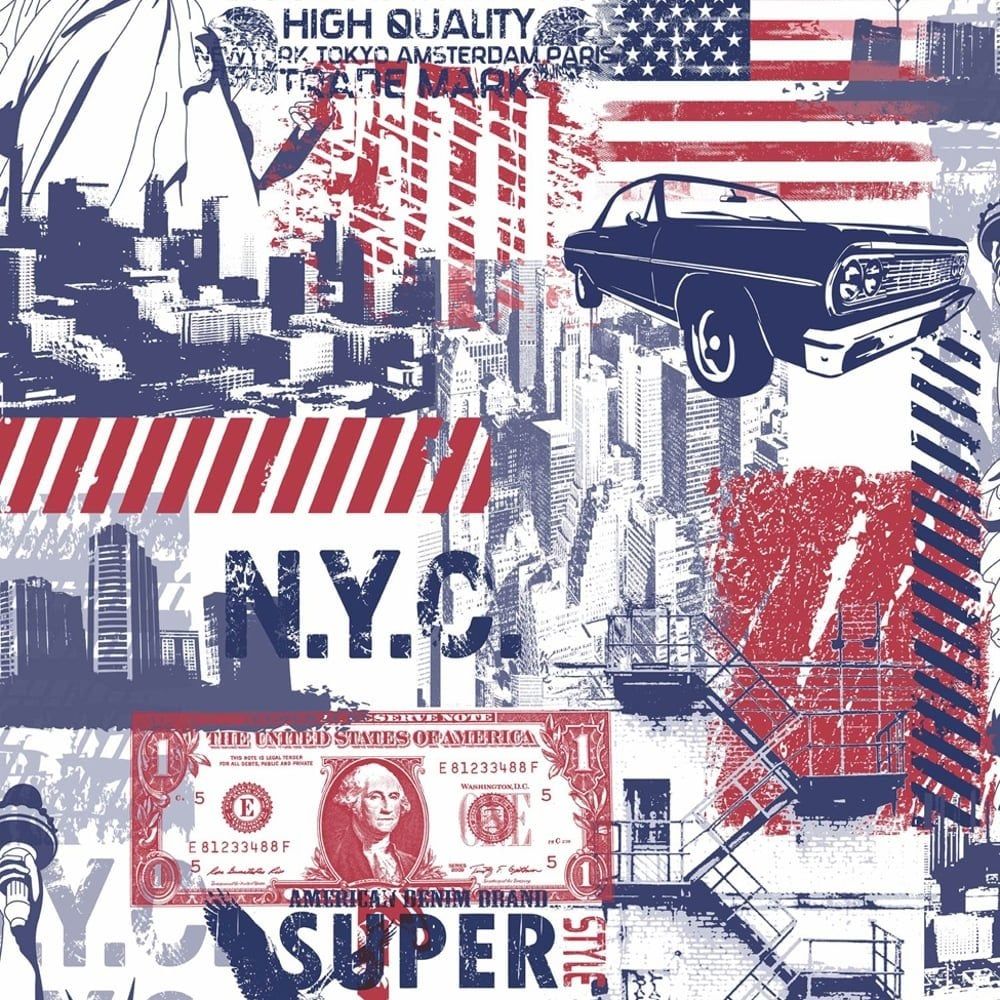 1000x1000 ***Sample Muriva America New York Collage Pattern Wallpaper Statue of Liberty Money L324