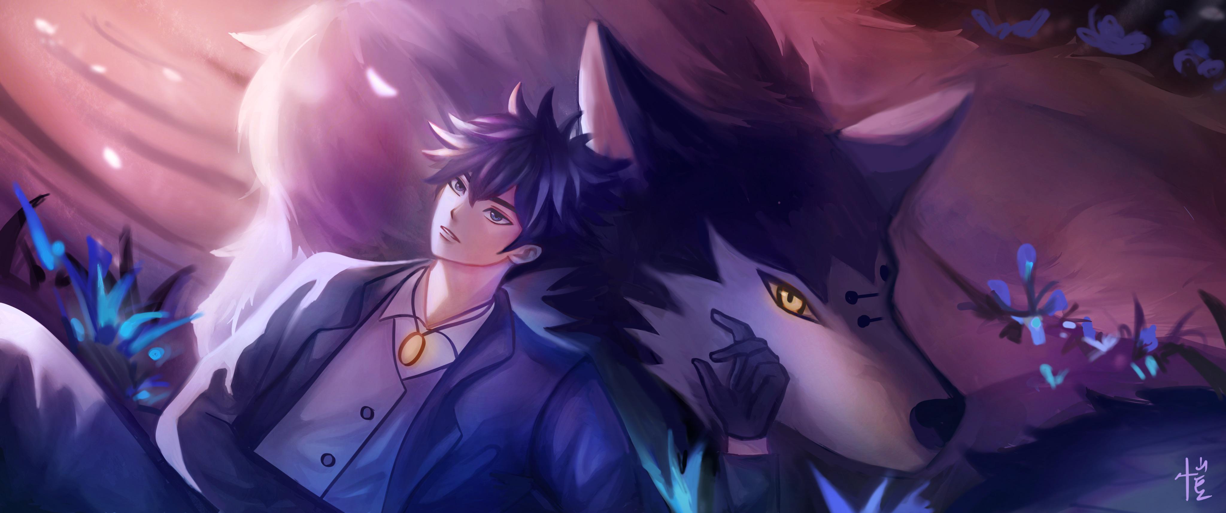 4096x1714 i drew Fushiguro again! he is enjoying his time with his totality divine dog