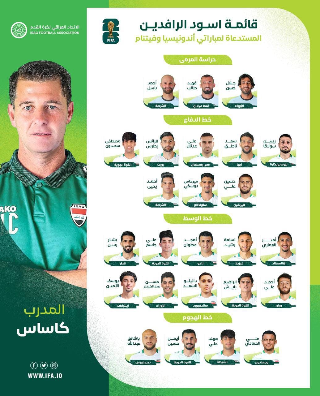 1035x1280 Official Iraq NT squad for the 2026 FIFA World Cup qualifiers vs Indonesia in Basra and vs Vietnam in Hanoi