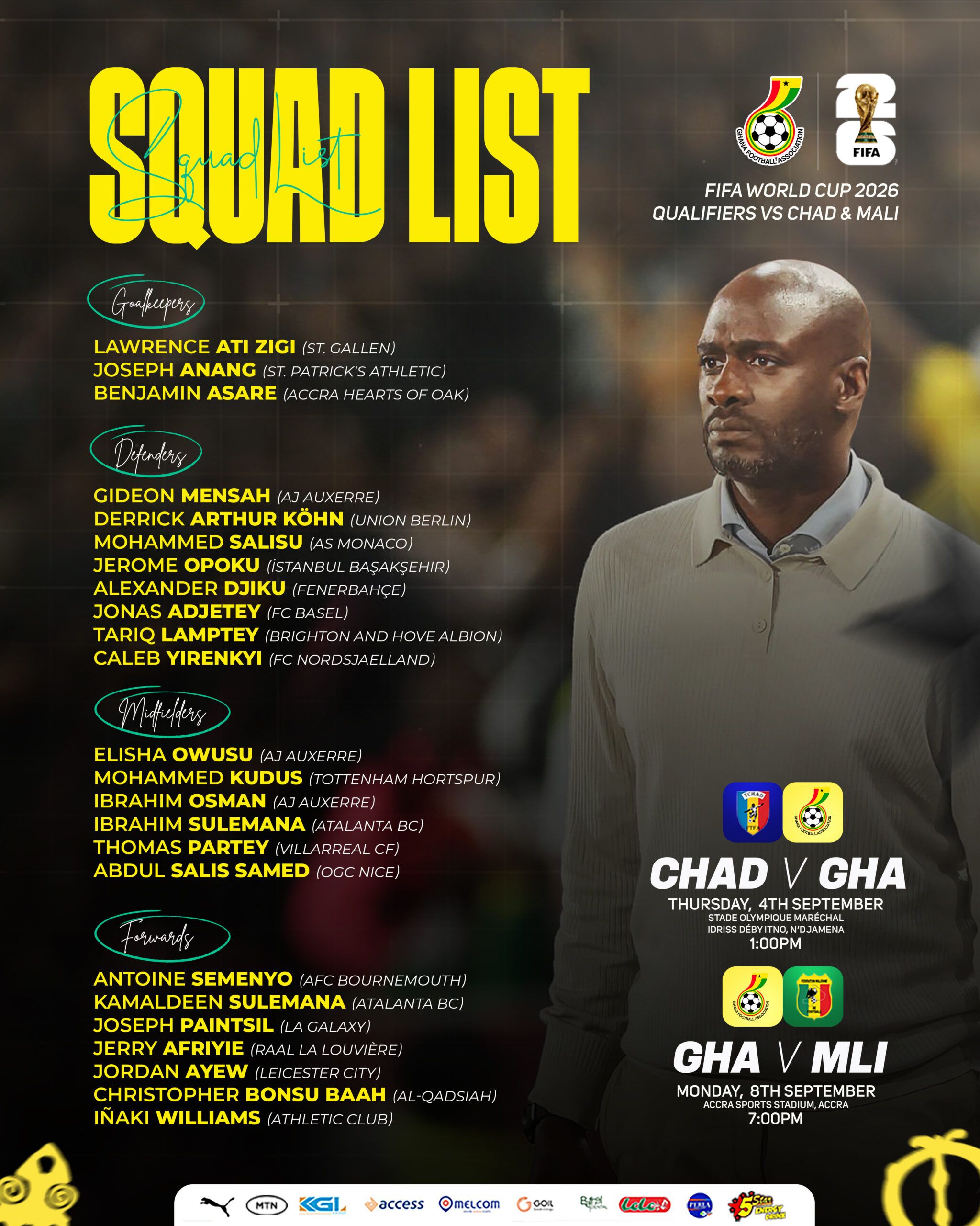 2048x2560 Otto Addo names squad for 2026 FIFA World Cup qualifiers against Chad and Mali Football Association