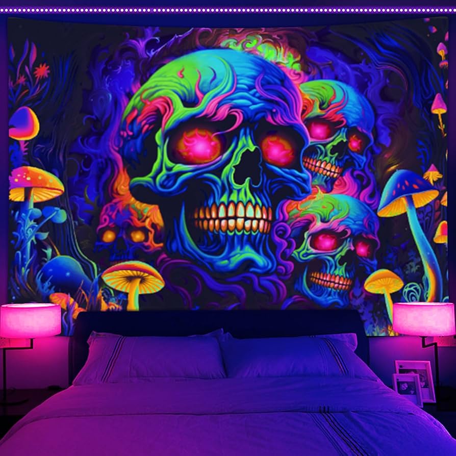 894x894 Skull Blacklight Tapestry, UV Reactive Skeleton Wall Art for Bedroom, Adults' Black Light Posters, Halloween Horror Glow in Dark Tapestry Aesthetic Living Room Dorm Decor 60x40IN : Home & Kitchen