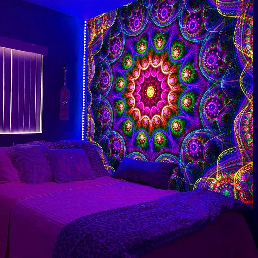 894x894 PSYHILAR Blacklight Trippy Mandala Tapestry, Boho Black Light Posters for Adults UV Reactive Room Decor for Bedroom Wall (60 x 50 Inches) : Home & Kitchen