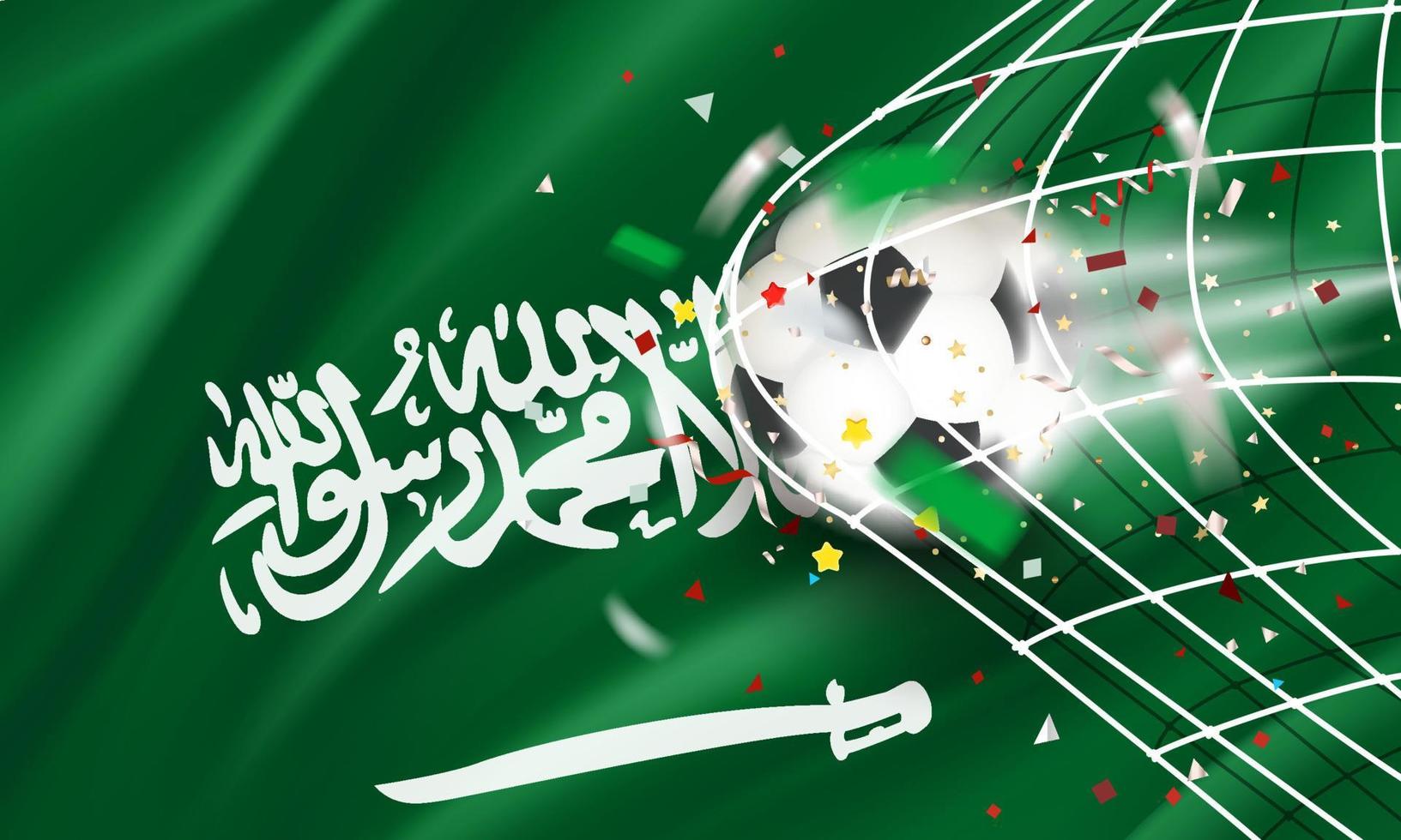 1633x980 The ball in the soccer net. Goal vector concept with flag of Saudi Arabia.3D vector banner with blur effect