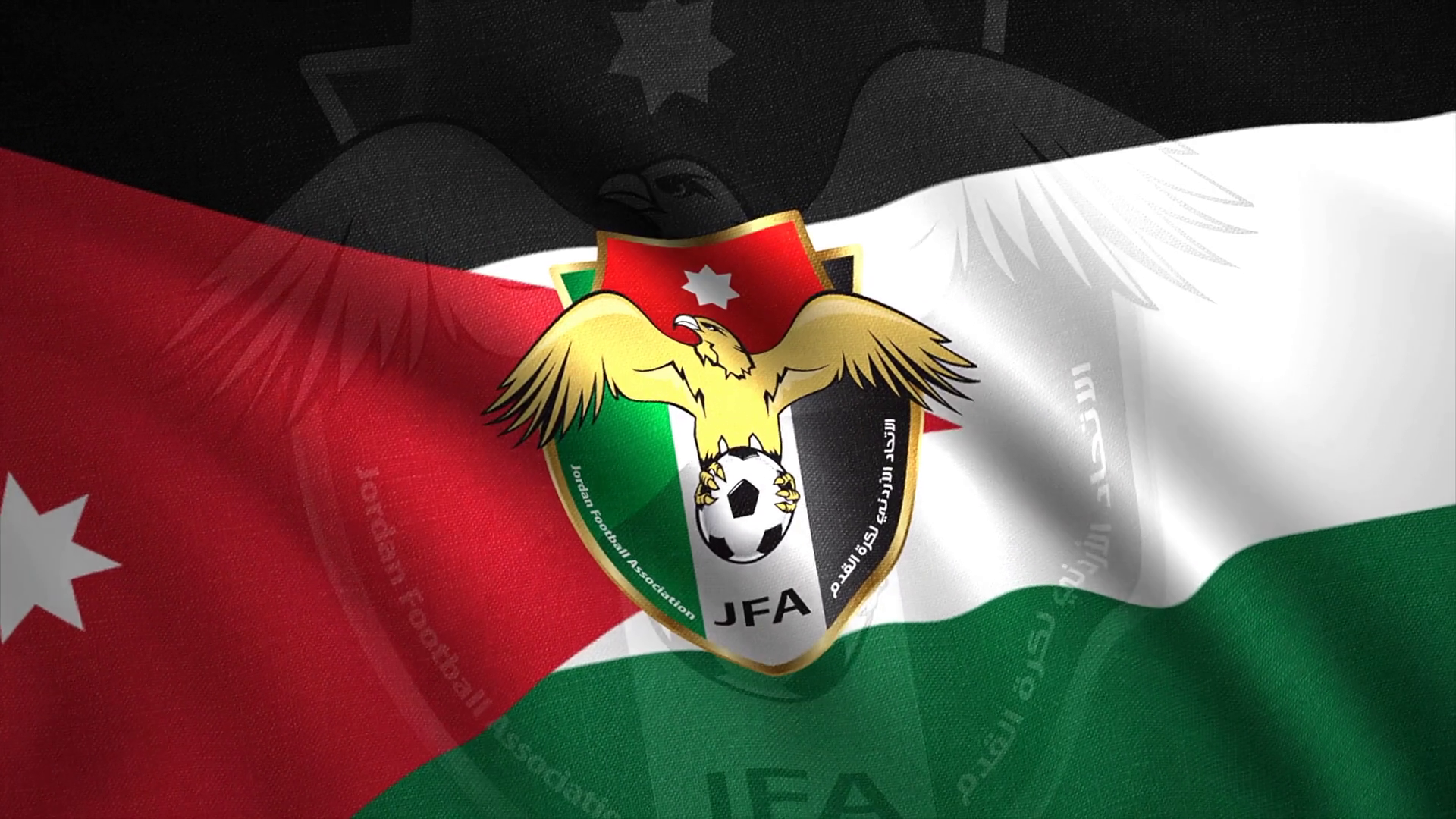1920x1080 Jordan national football team flag with soaring eagle, seamless loop. Motion. Ripples or small waves of the flag. For editorial use only