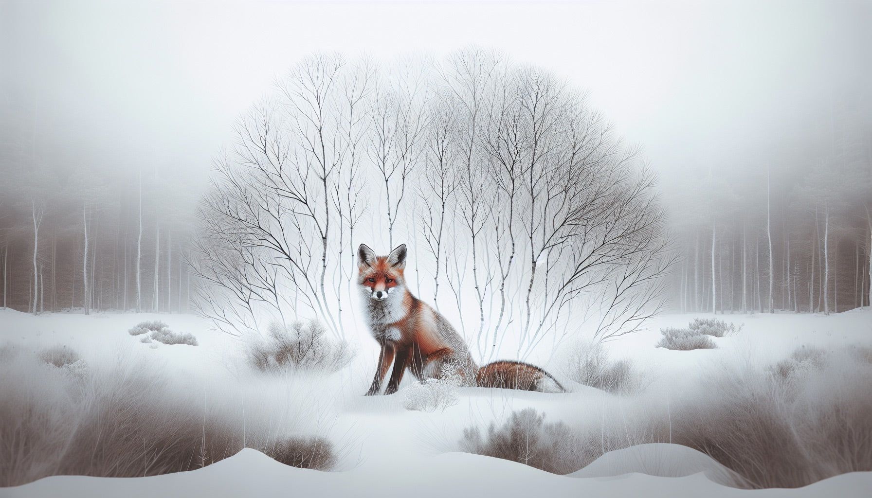 1792x1024 Fox Mural Wallpaper. Snowy Forest and Red Fox